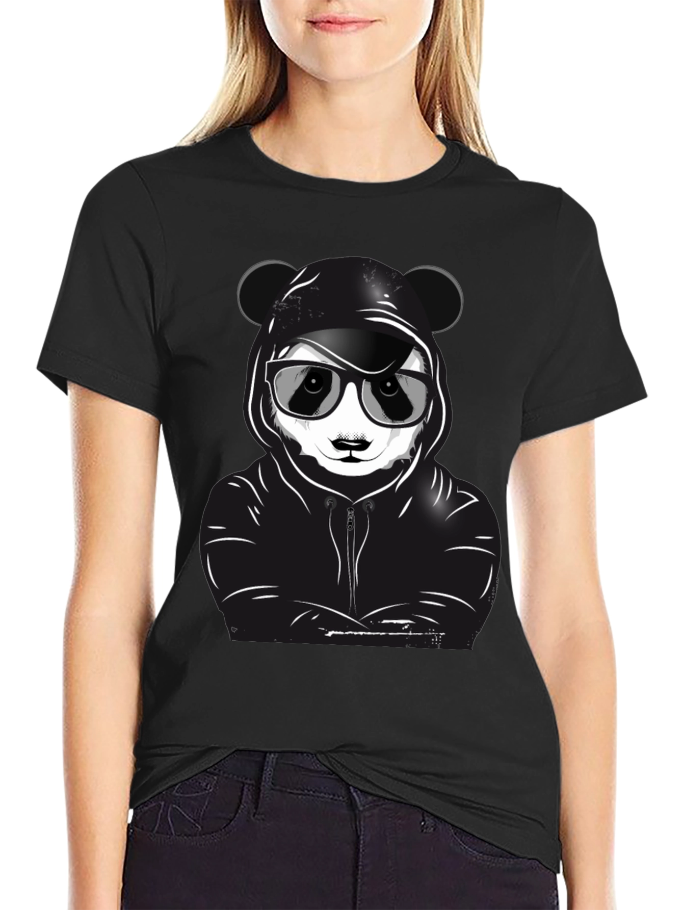 Black Cool Panda Graphic T-Shirt - Black Crew Neck Tee view 2