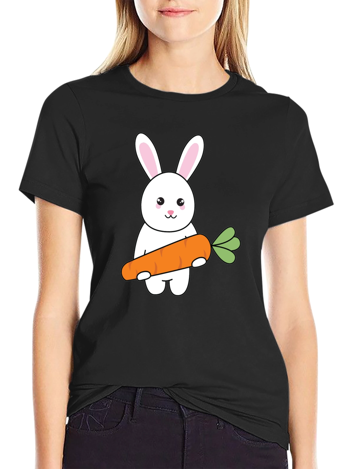 Black Bunny & Carrot Graphic Tee - Black Cotton T-Shirt view 2