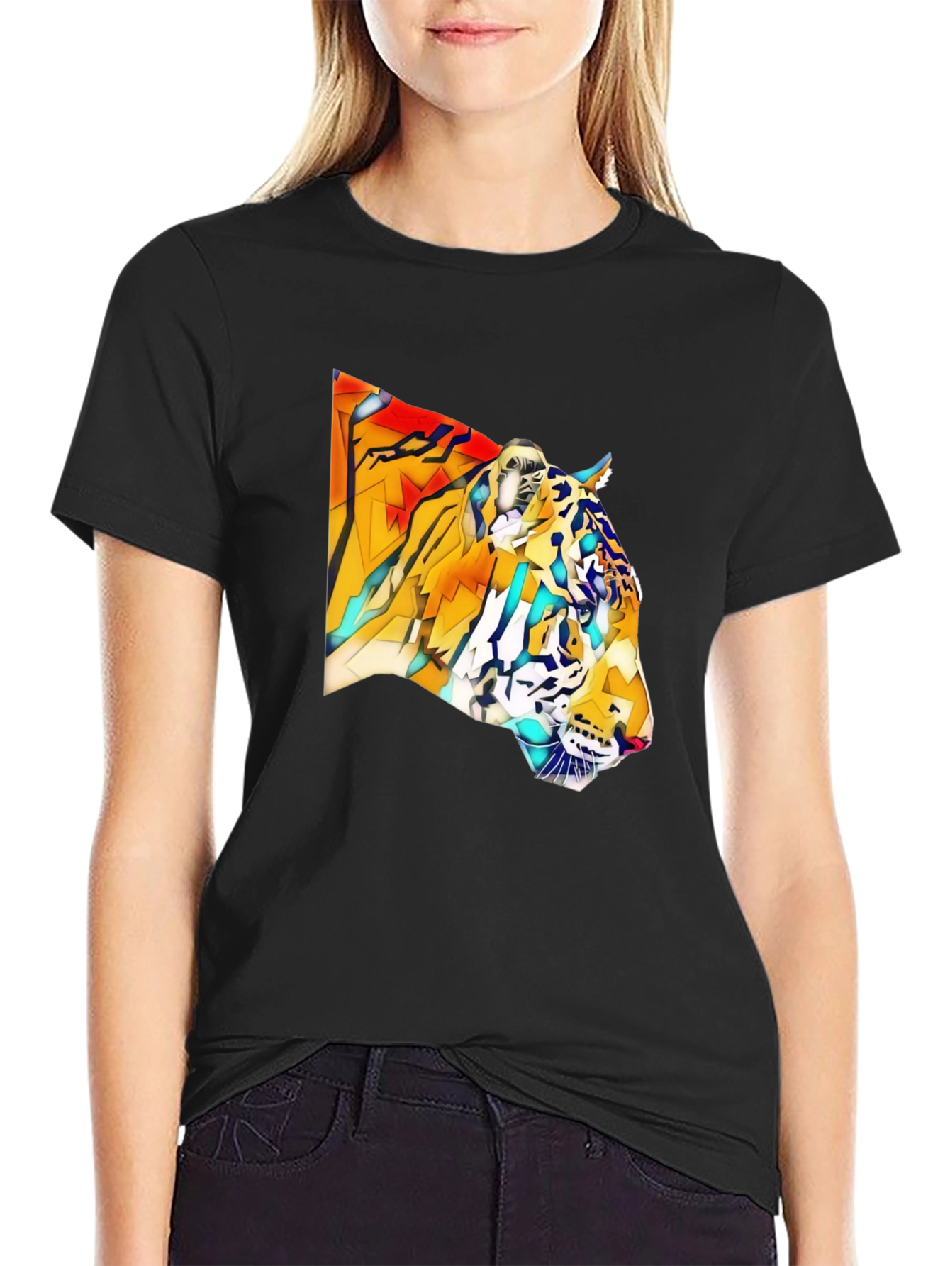 Black Geometric Tiger Graphic Black T-Shirt view 2