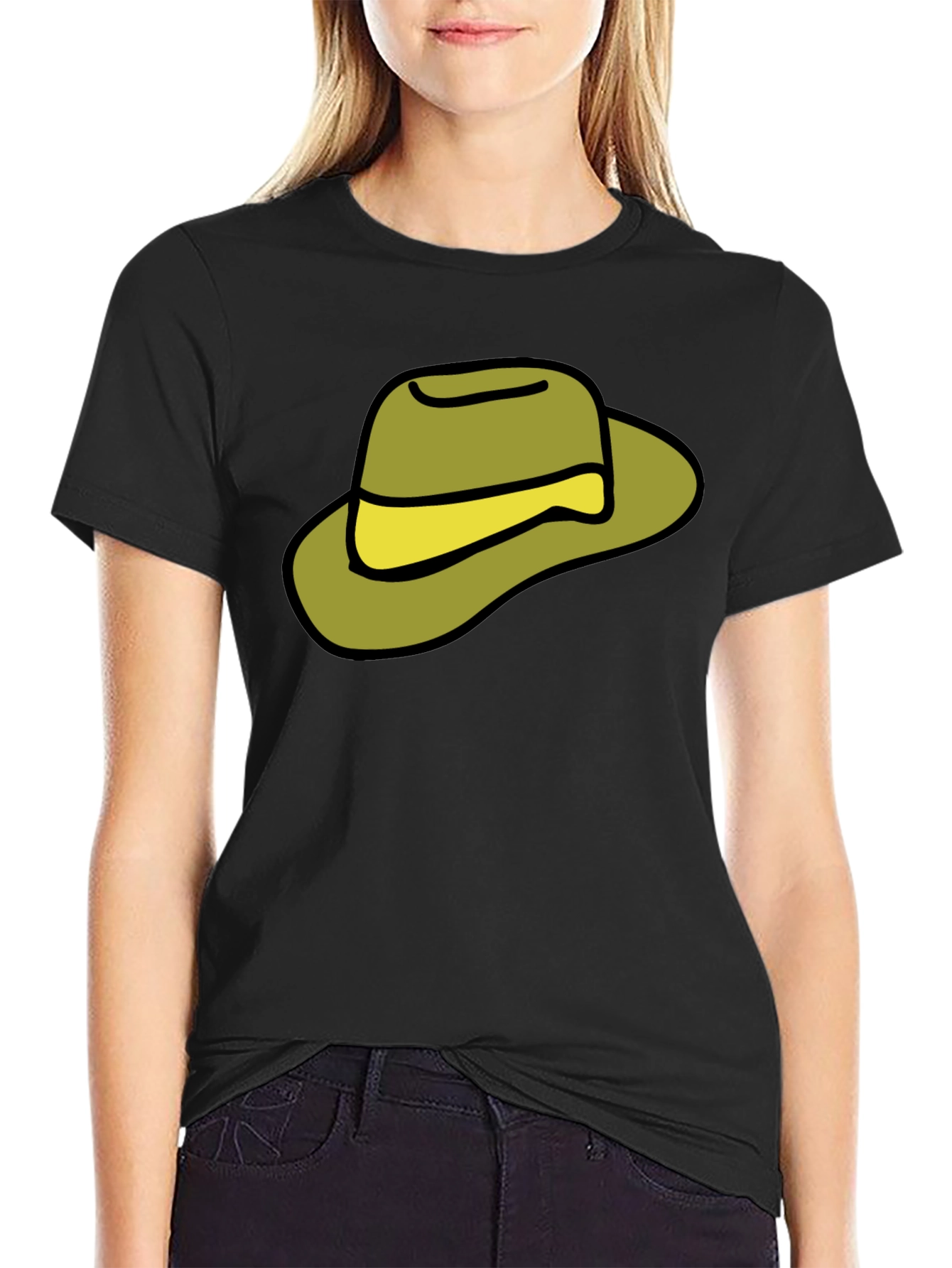 Black Cartoon Hat Graphic Tee - Casual Black T-Shirt view 2