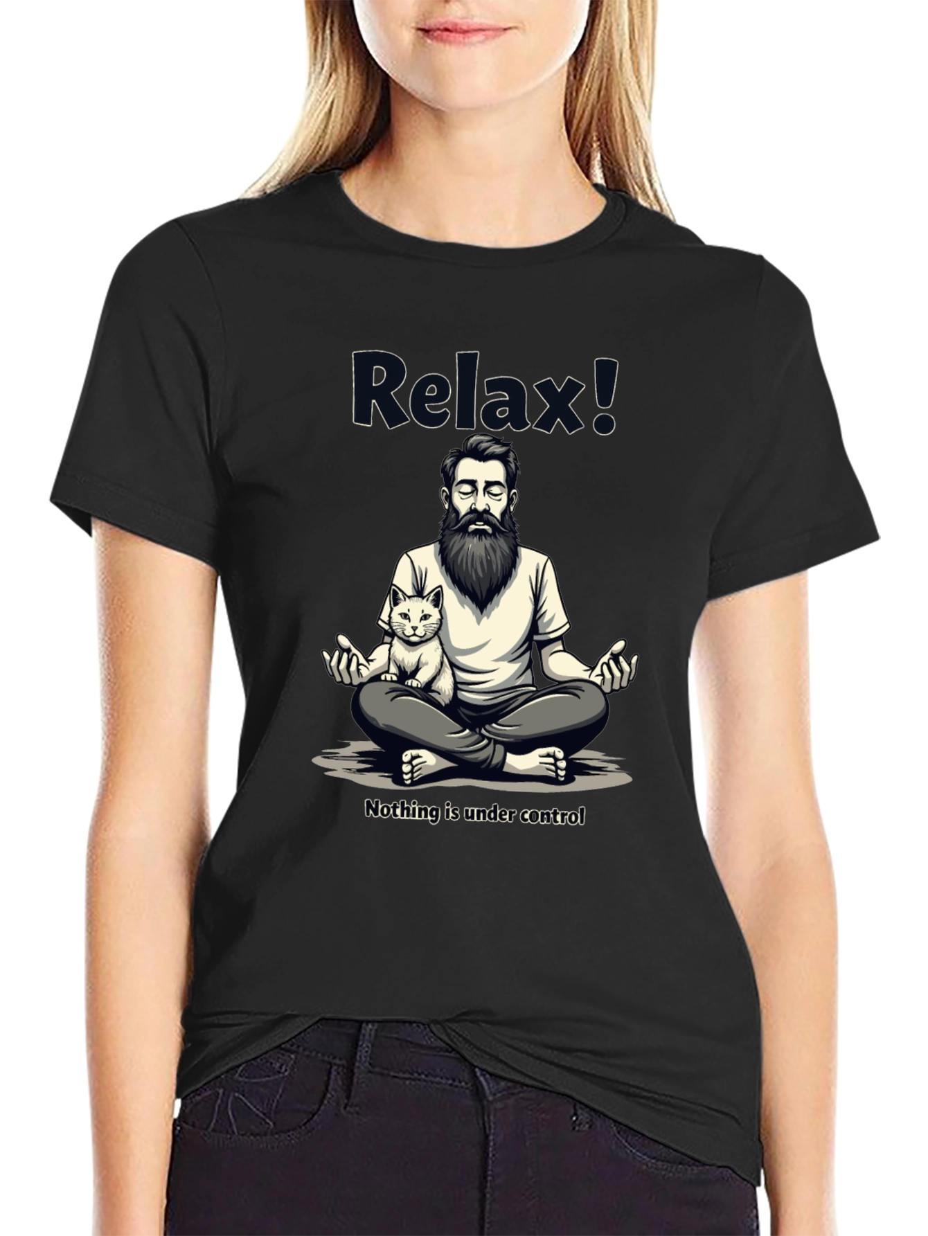 Black Relax! Meditation Cat Graphic Tee - Comfy Cotton view 2