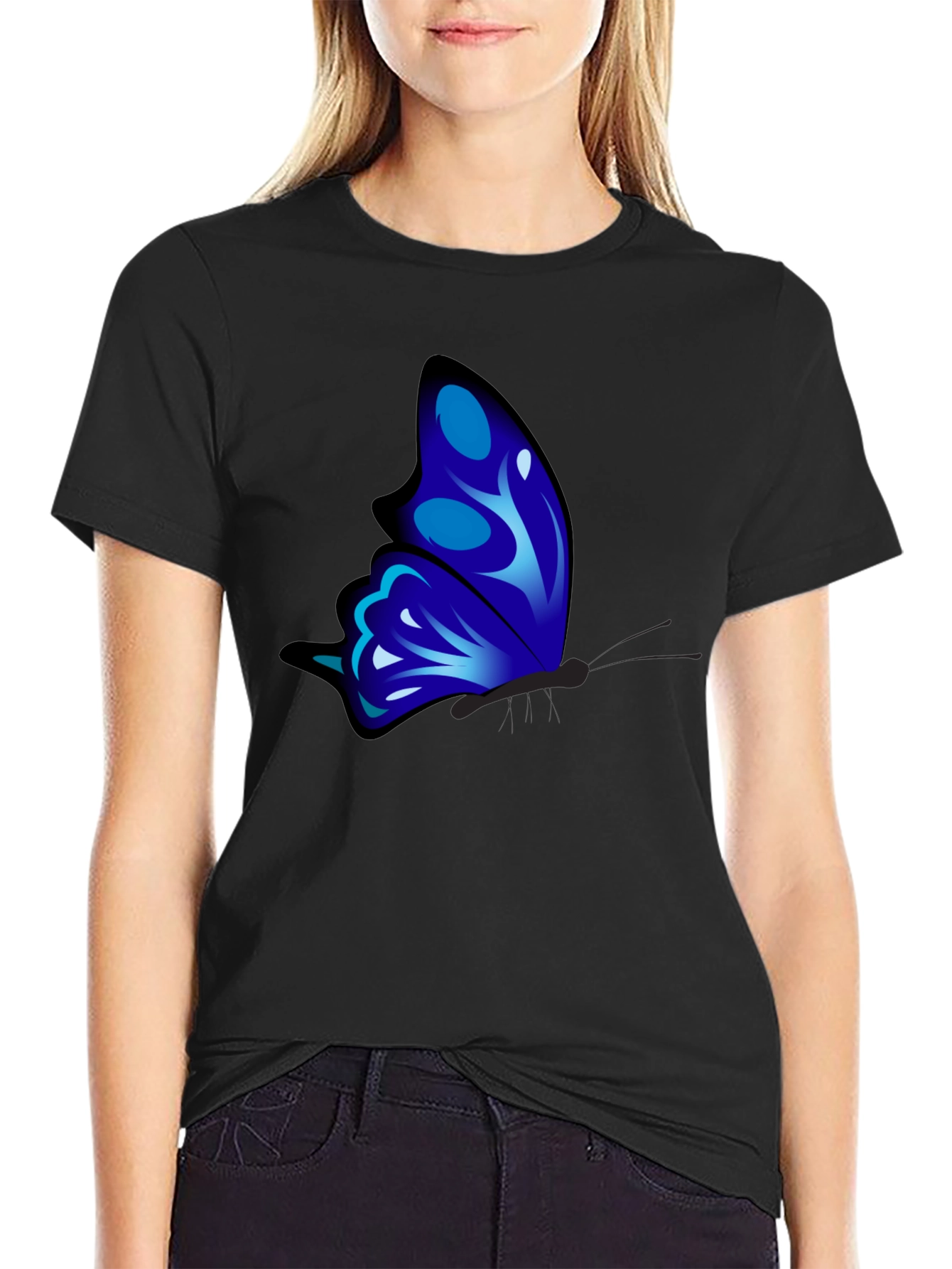 Black Blue Butterfly Graphic T-Shirt view 2