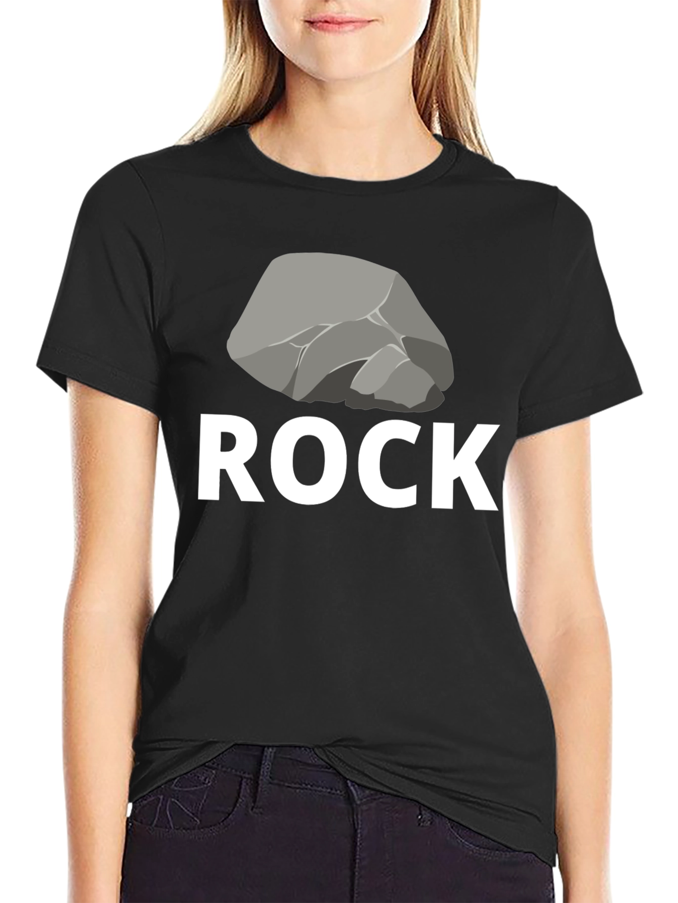 Black Humorous "Rock" Graphic Tee - Black Cotton Blend view 2
