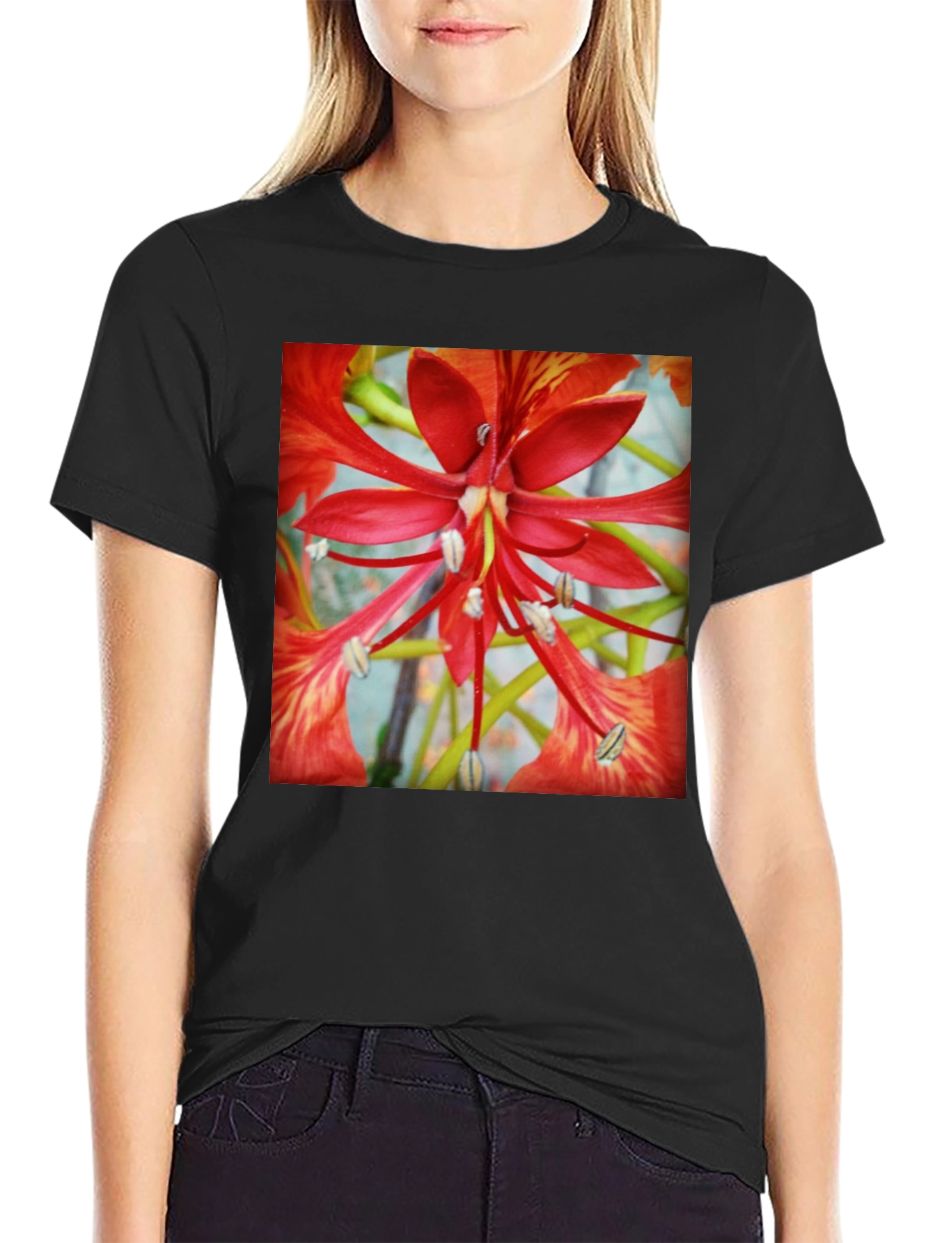 Black Bold Floral T-Shirt - Vivid Red Blossom Design view 2