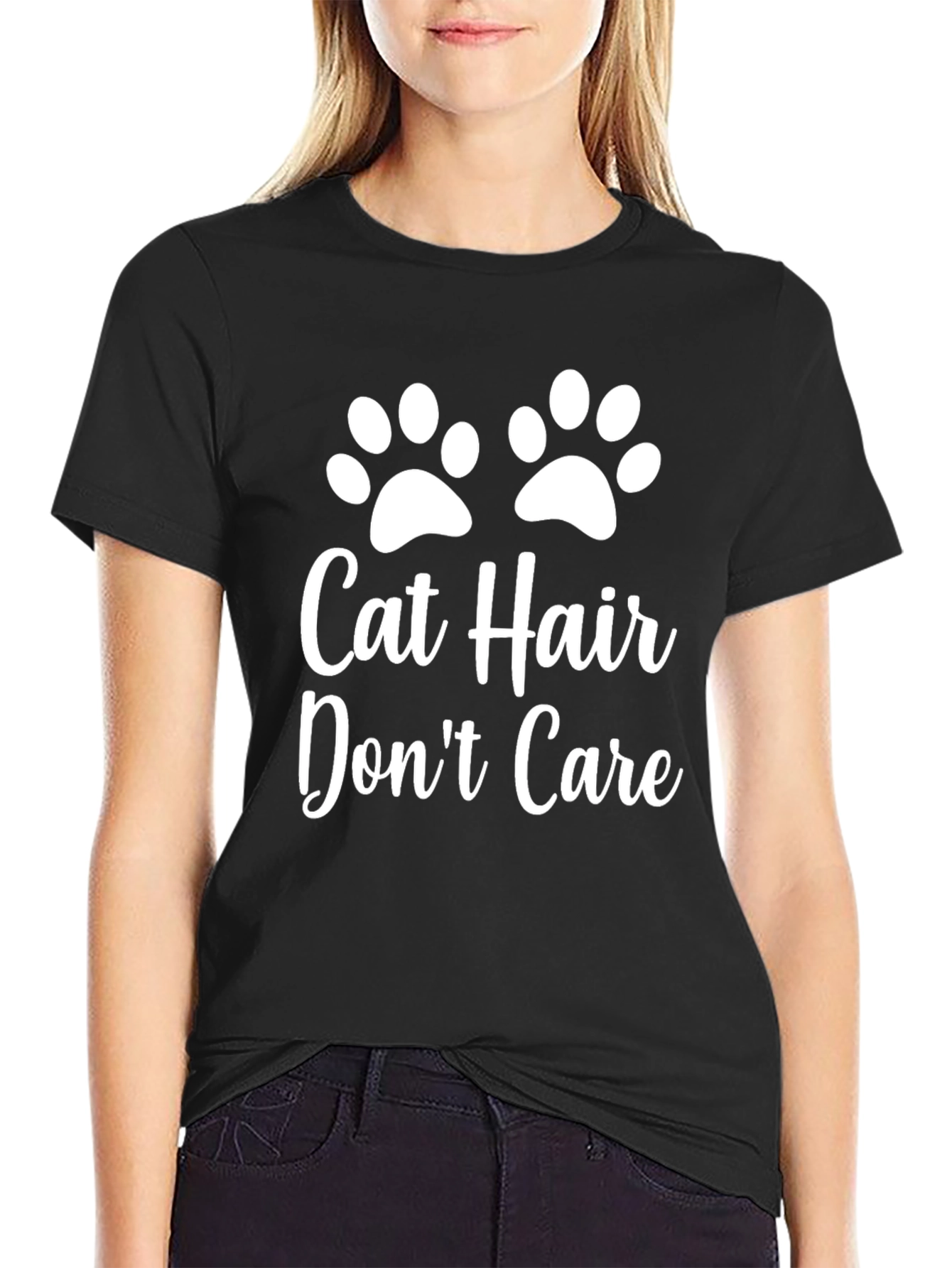 Black Cat Hair Don't Care Black Graphic T-Shirt view 2