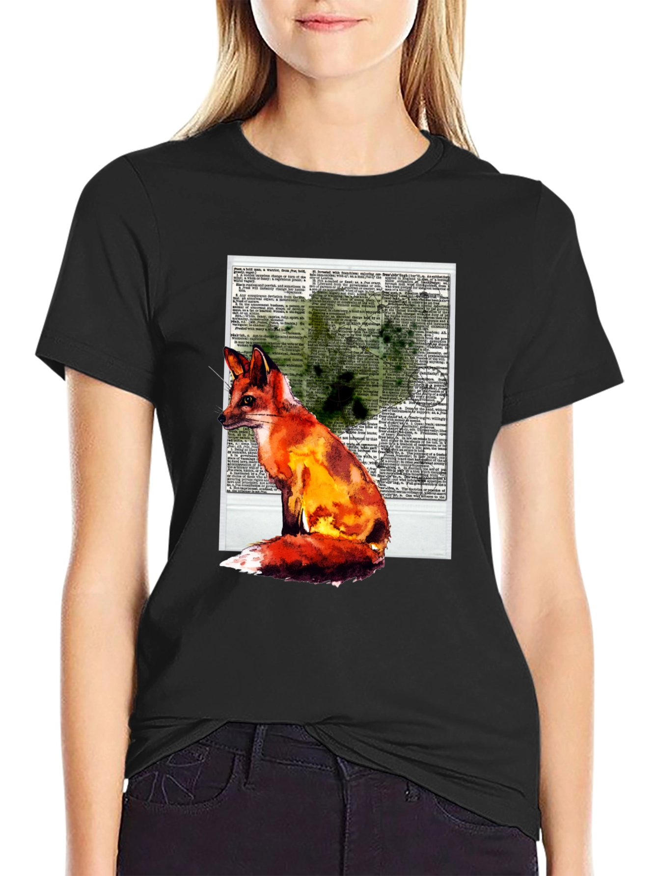 Black Fox Watercolor Graphic Print T-Shirt view 2