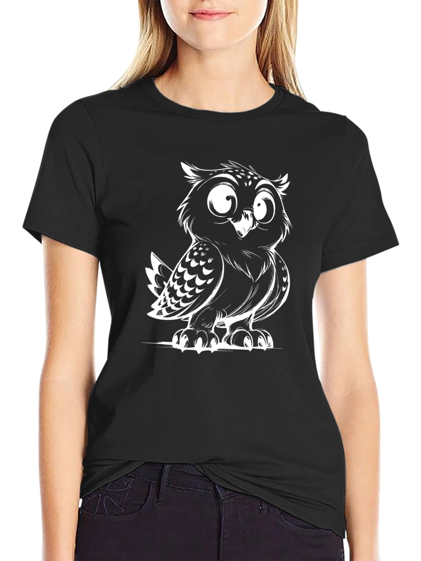 Black Cartoon Owl Black T-Shirt view 2