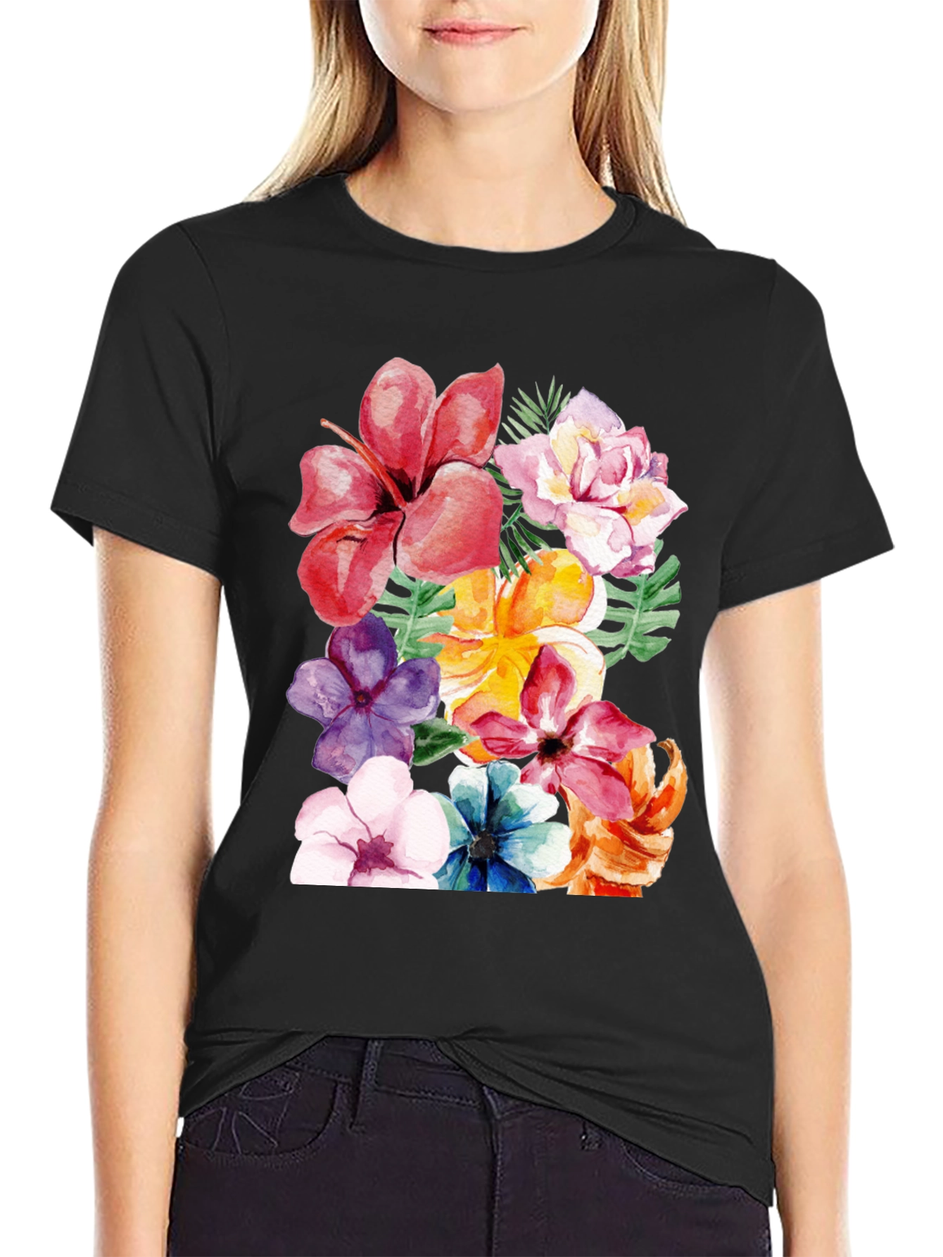 Black Floral Print Black T-Shirt - Tropical Flower Design view 2
