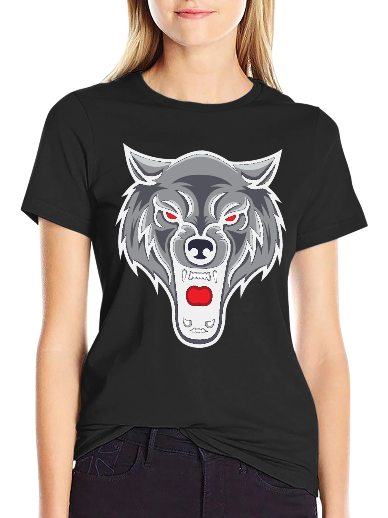 Black Men's Black T-Shirt with Wolf Graphic view 2