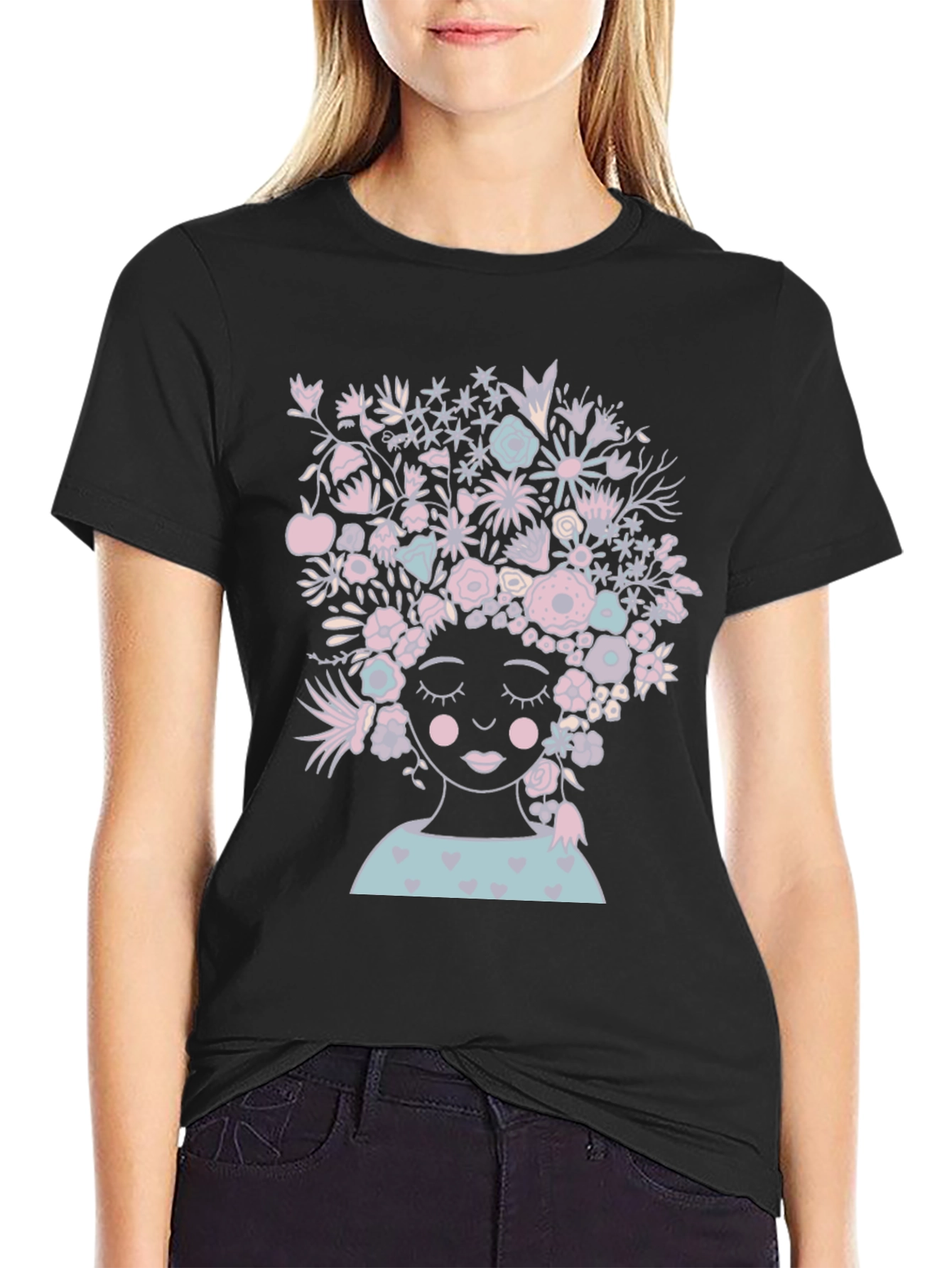 Black Floral Woman Graphic Tee - Black Cotton T-Shirt view 2