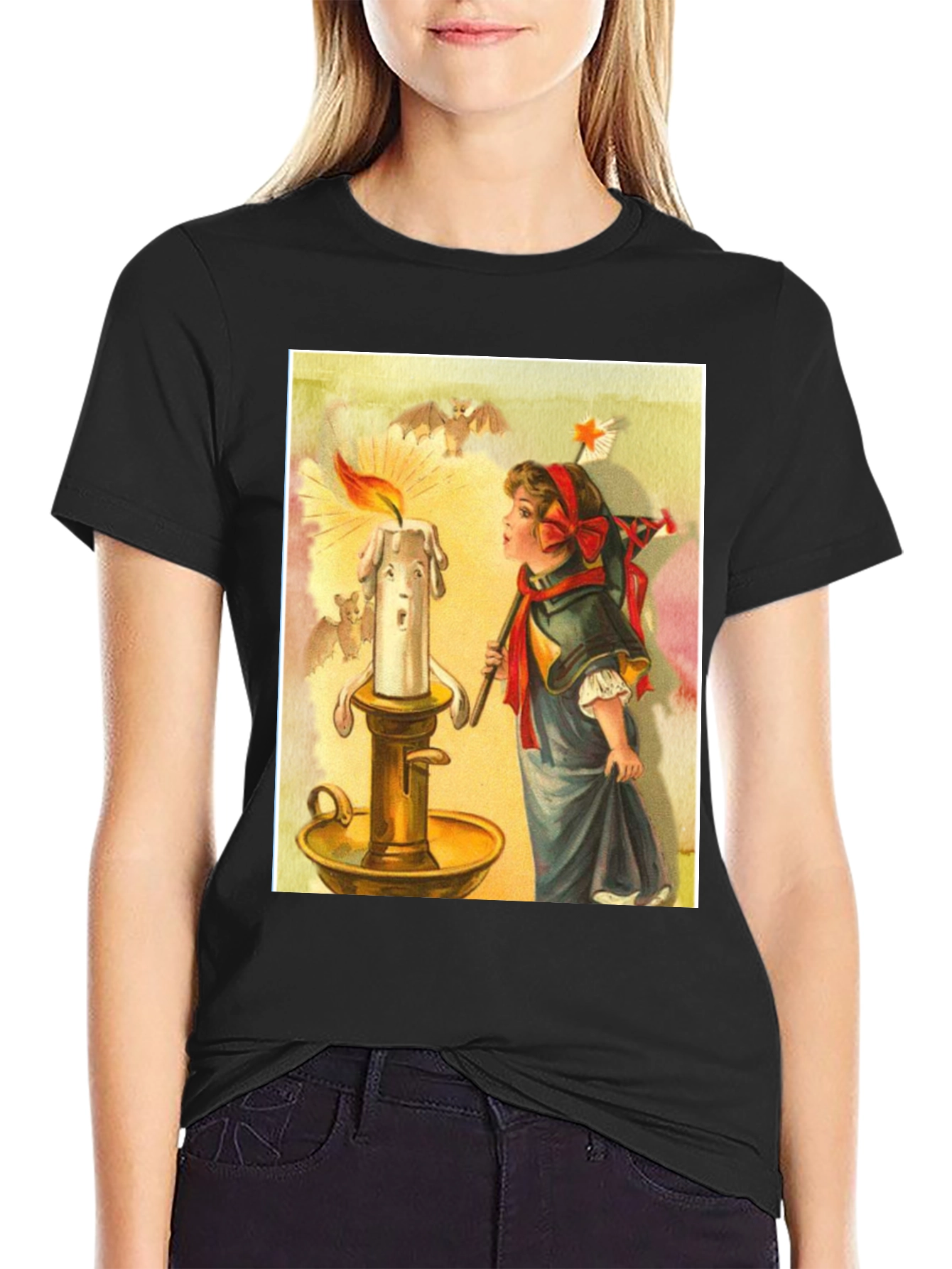 Black Vintage Candle & Girl Graphic Tee view 2