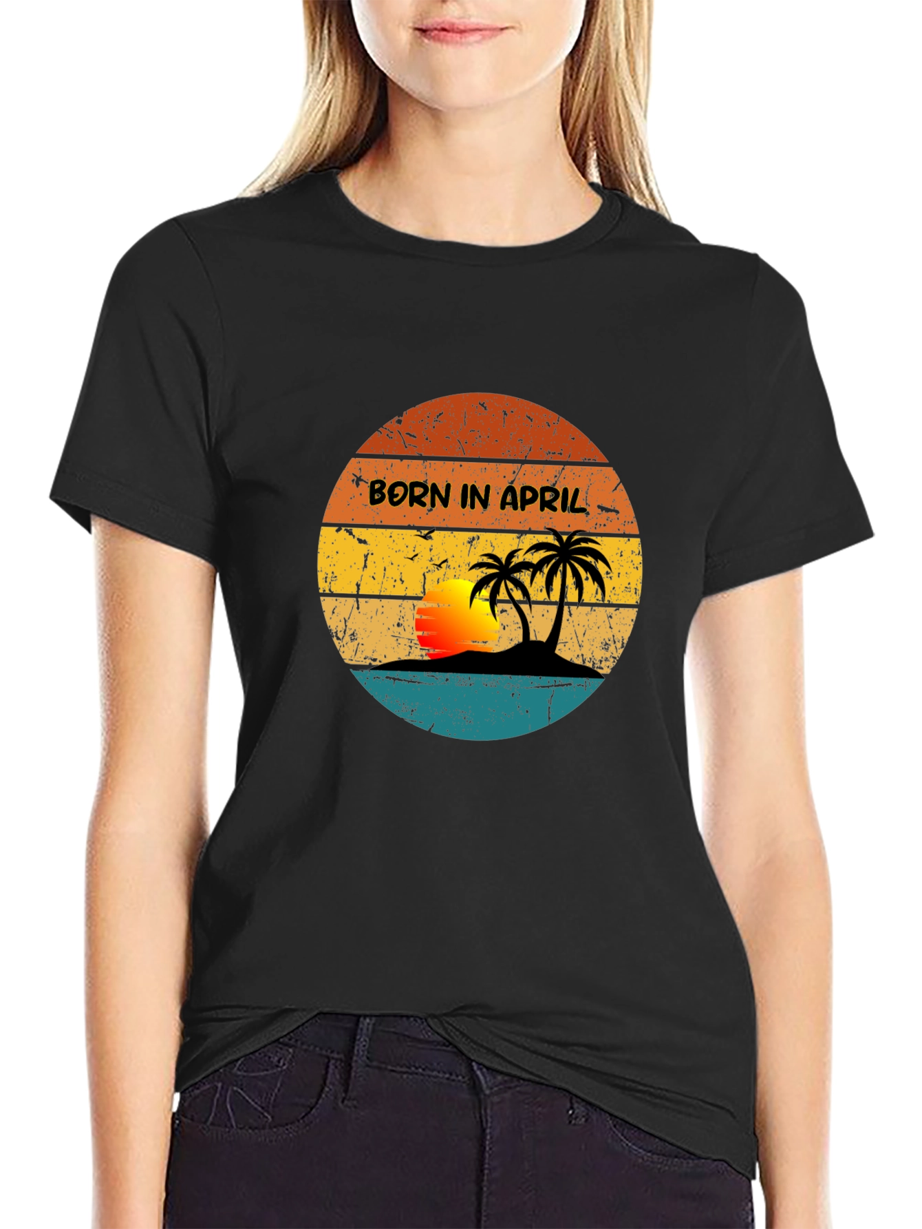 Black Born In April Retro Sunset Graphic T-Shirt view 2