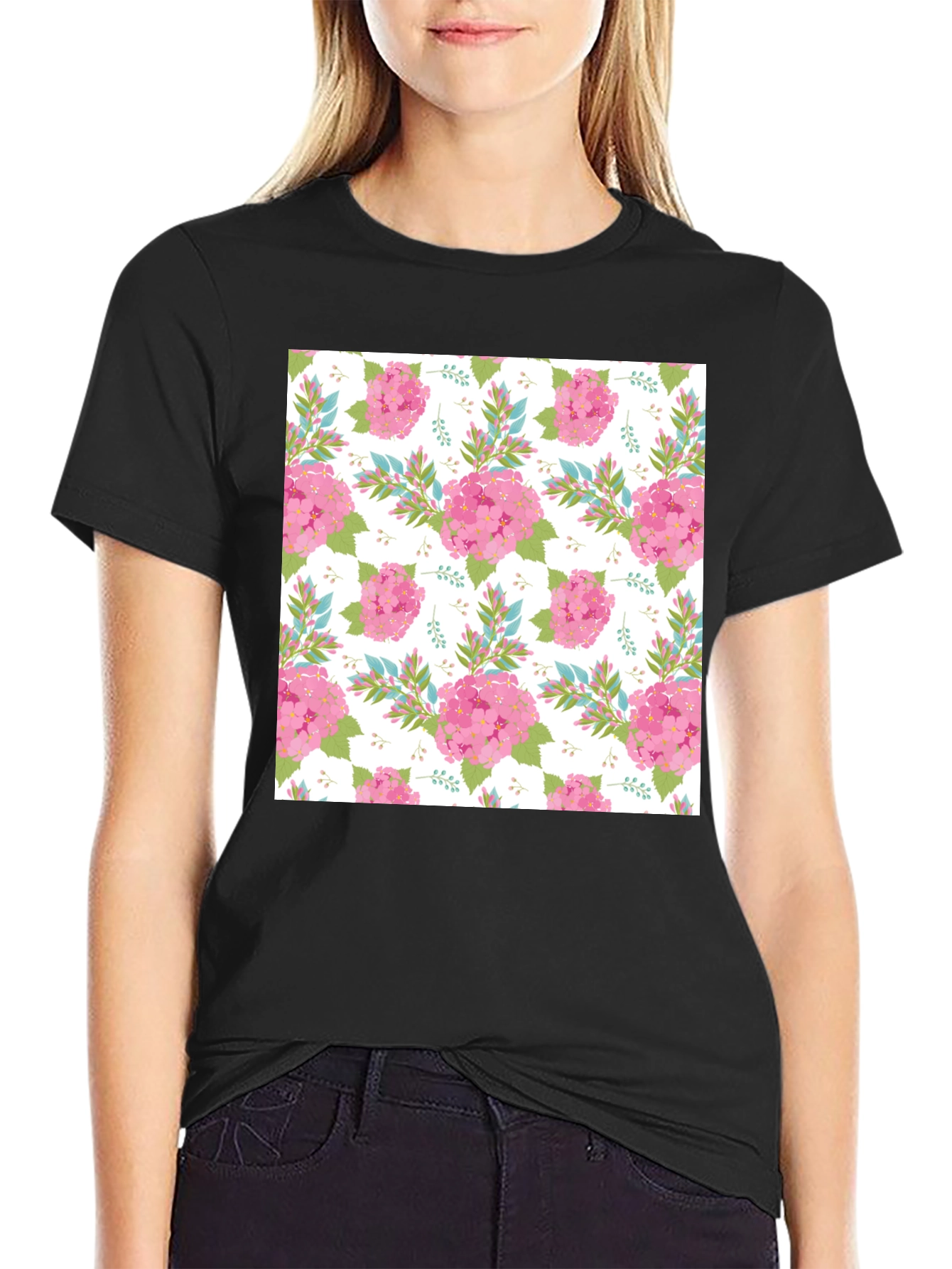 Black Floral Pattern Black T-Shirt view 2