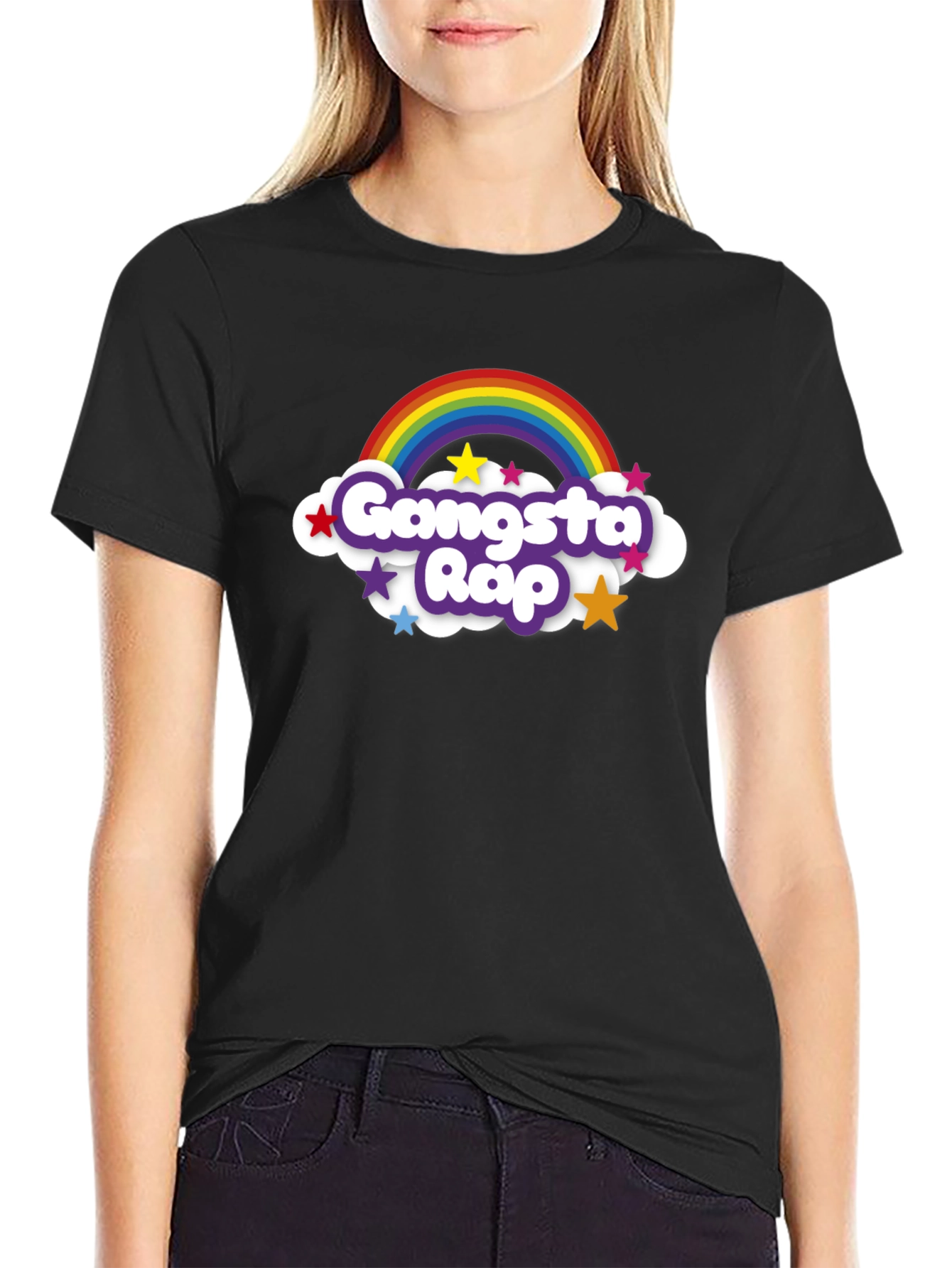Black Gangsta Rap Rainbow Graphic T-Shirt - Black view 2