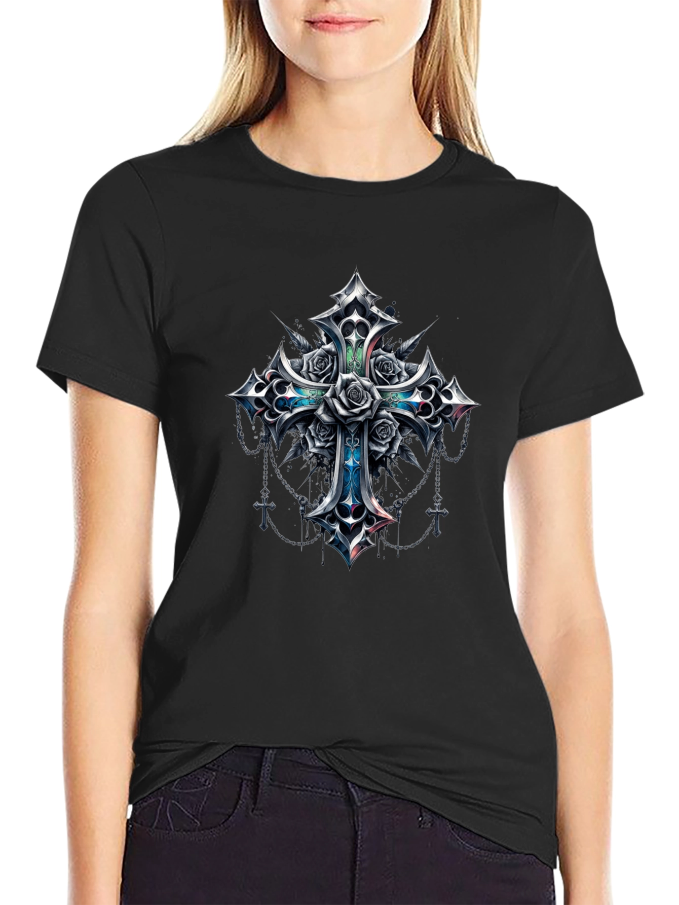 Black Gothic Rose Cross Graphic Tee - Black view 2