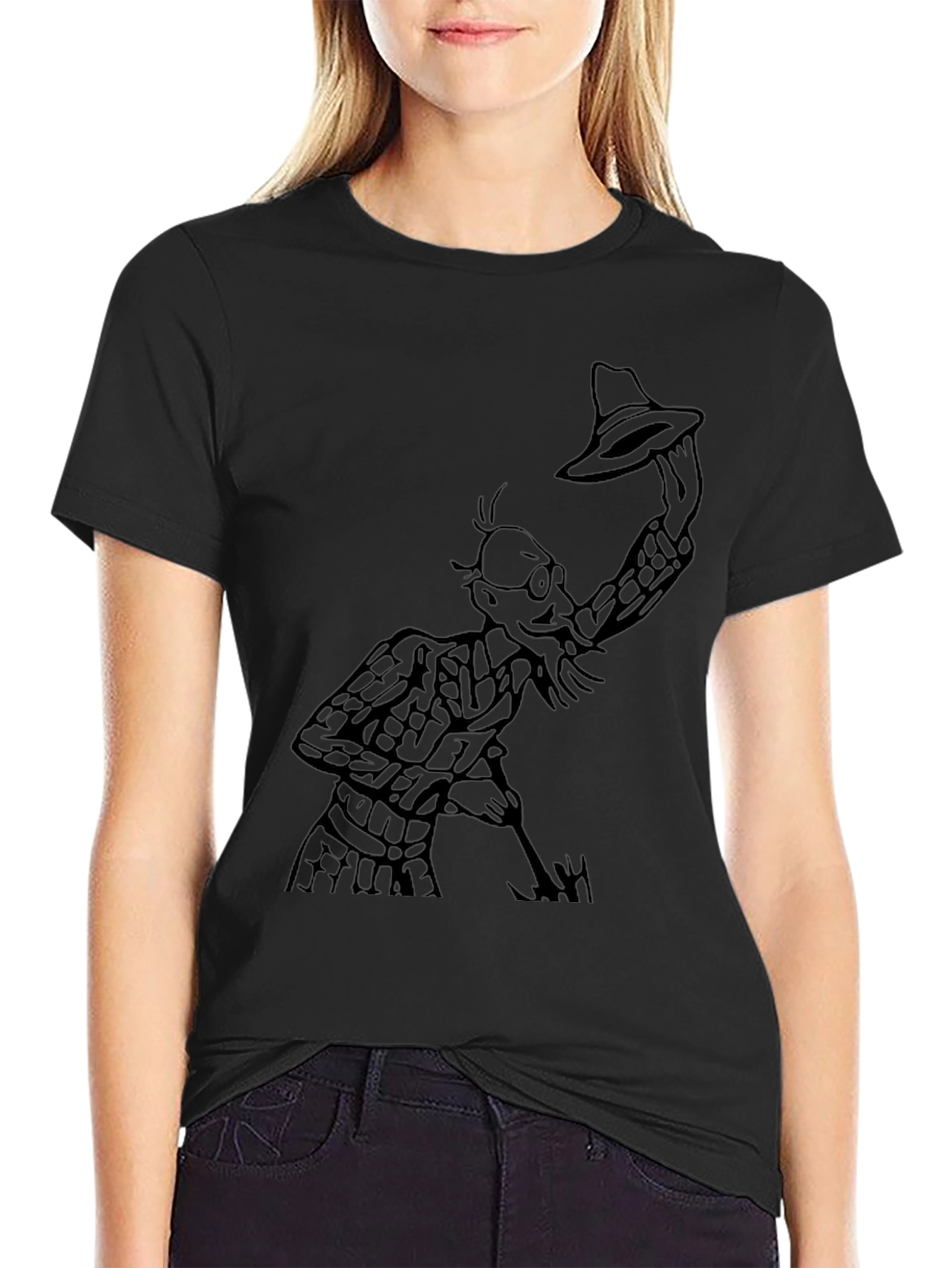 Black Black T-Shirt with Cartoon Man Holding Hat view 2