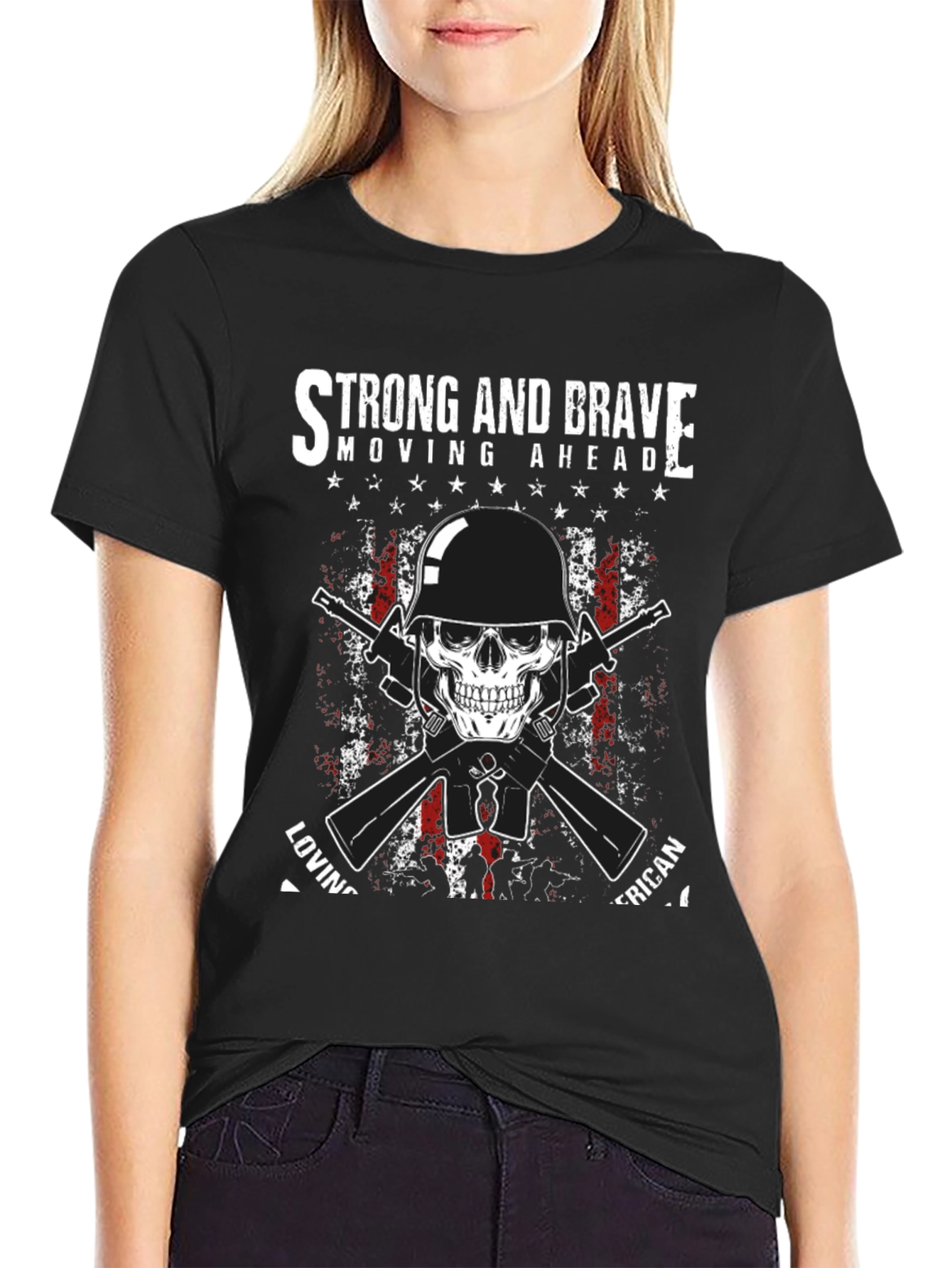 Black Strong & Brave Patriotic Skull Graphic T-Shirt view 2