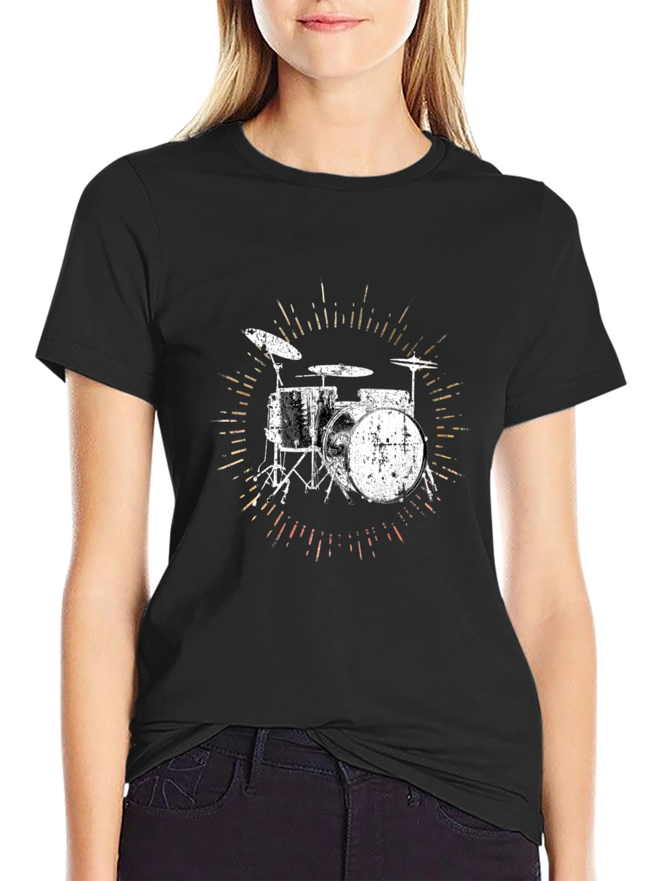 Black Drum Set Graphic T-Shirt - Black Cotton Tee view 2