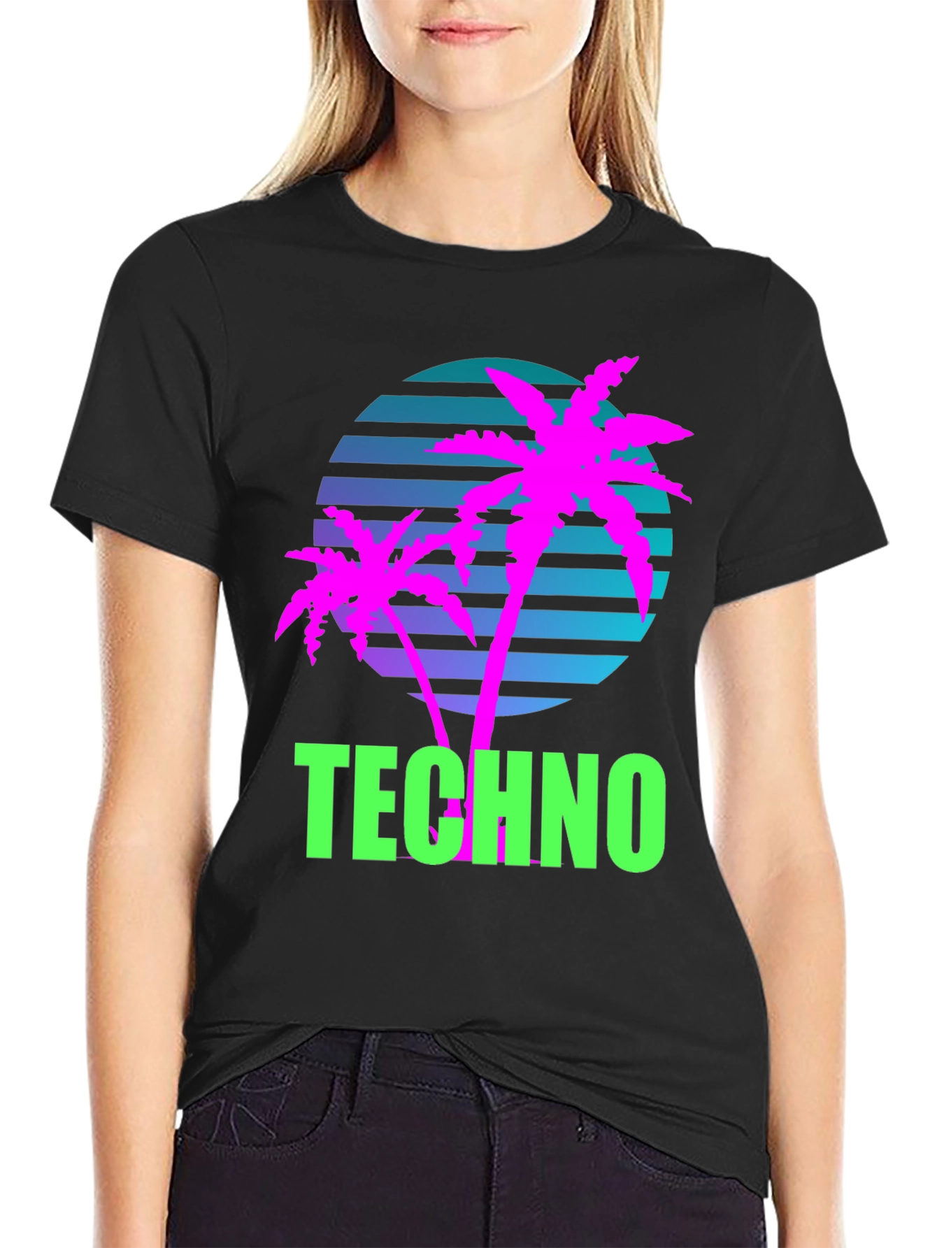 Black Retro Techno Palm T-Shirt - Vaporwave Style view 2