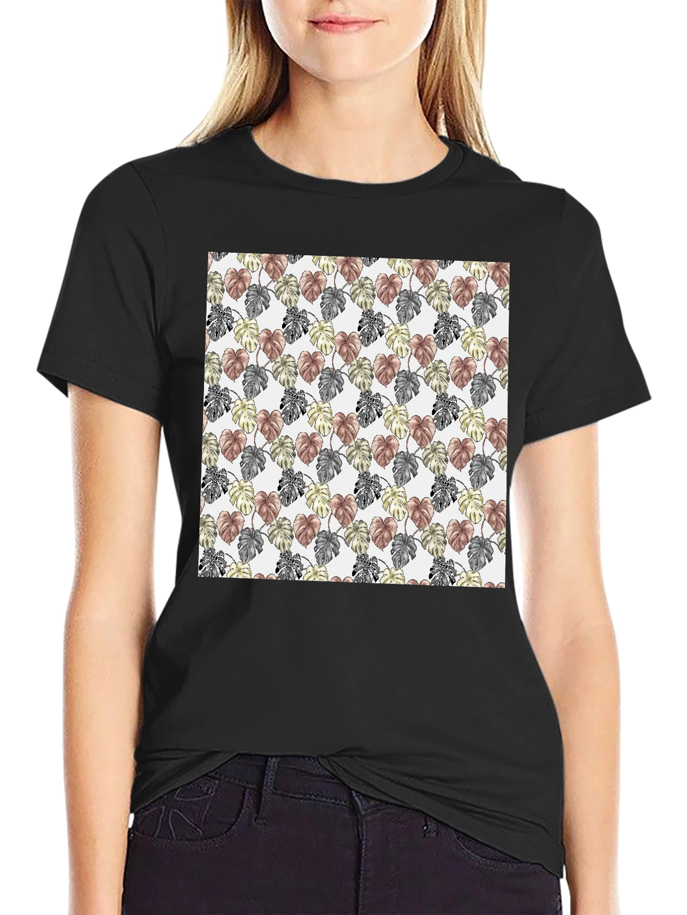 Black Trendy Monstera Leaf Pattern Tee view 2