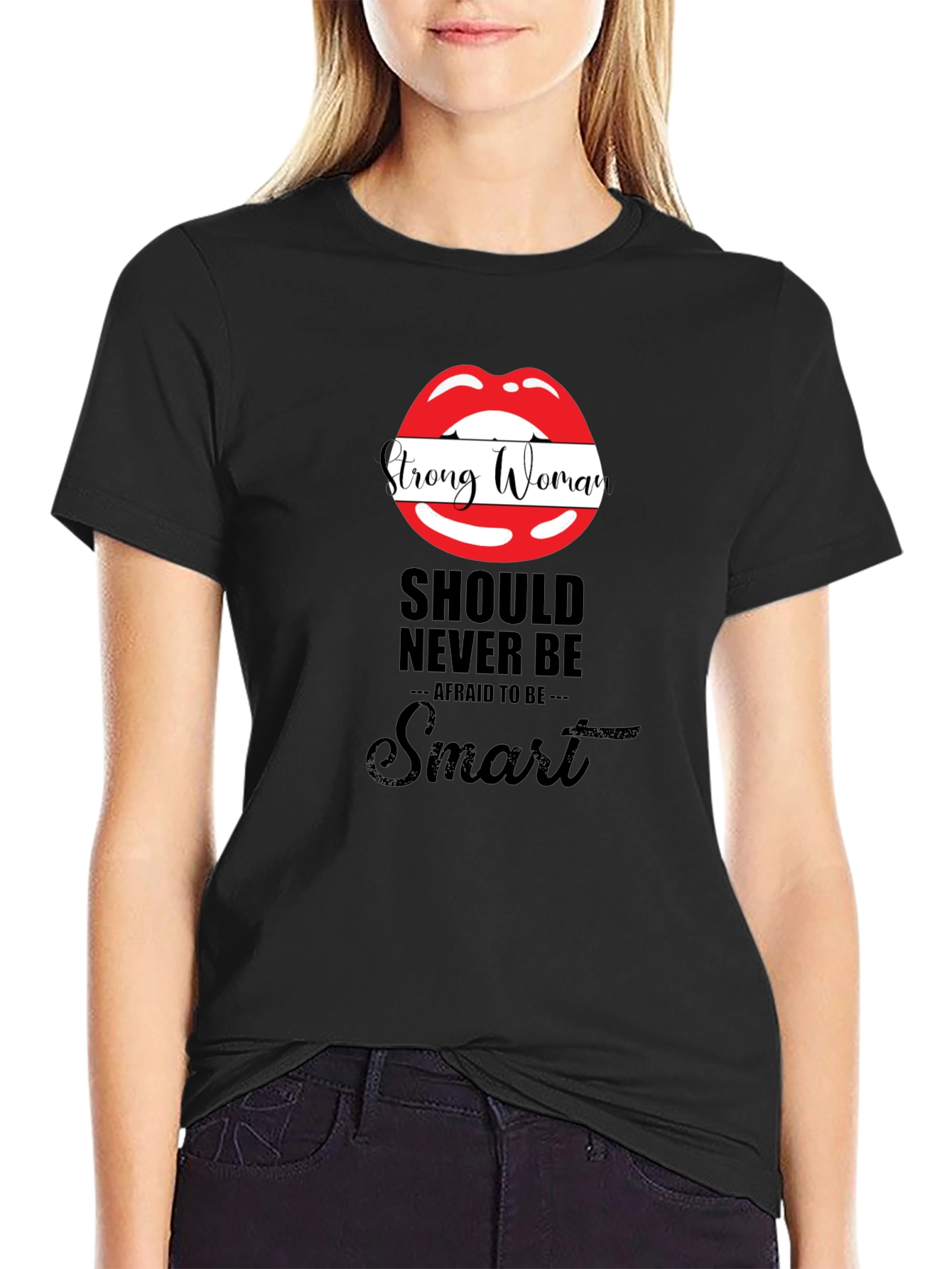 Black Strong Woman Lips Graphic Black T-Shirt view 2
