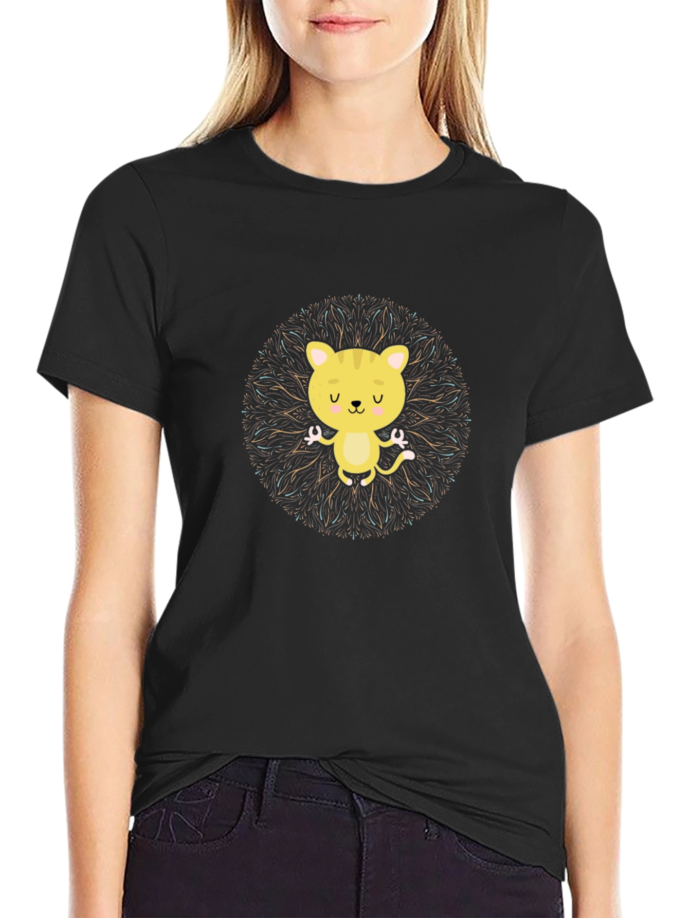 Black Yoga Cat Mandala Graphic Tee - Black view 2