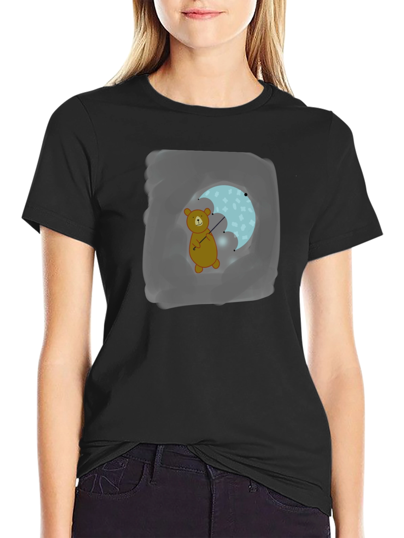 Black Bear with Umbrella Black T-Shirt view 2