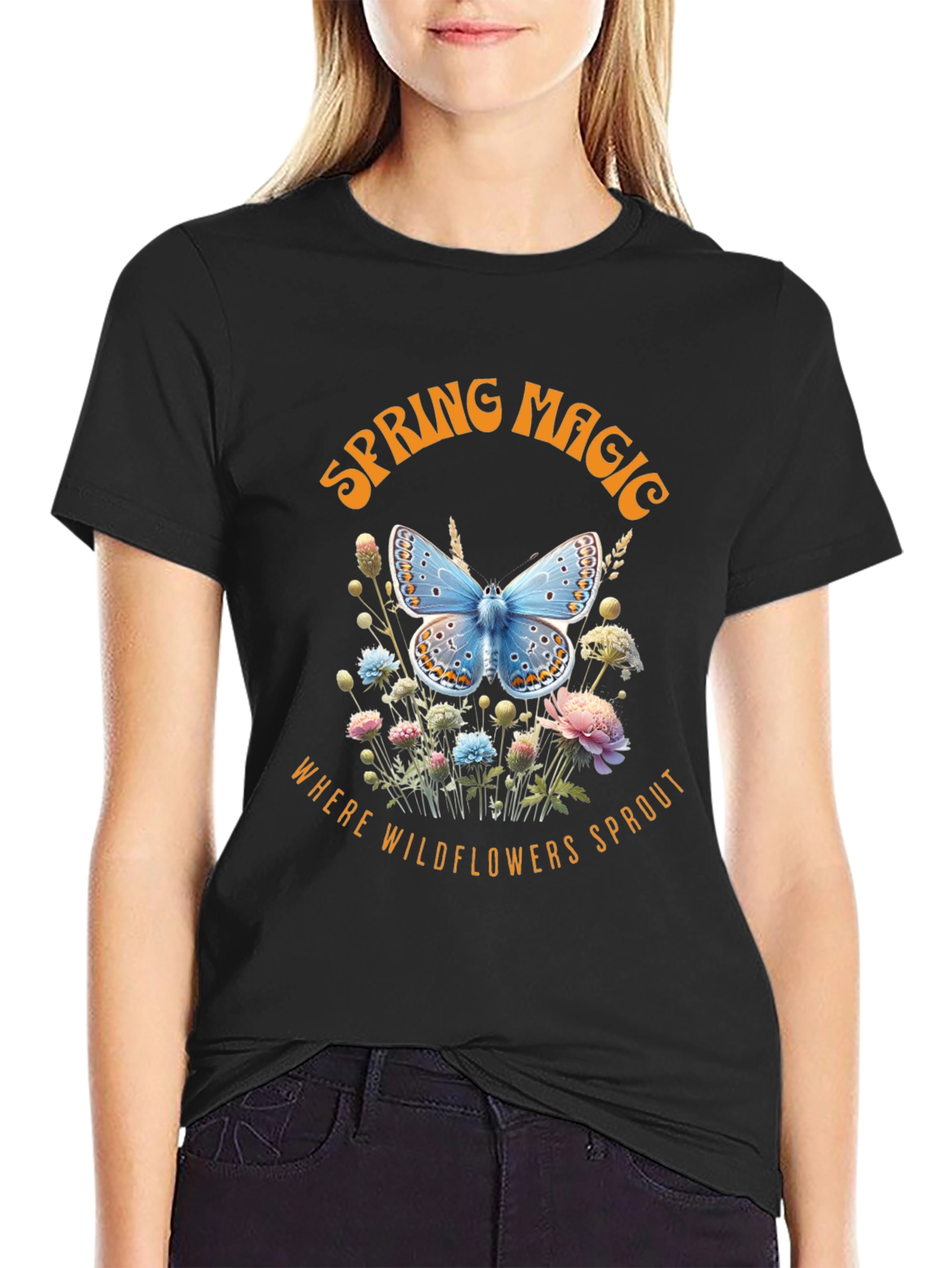 Black Spring Magic Wildflower Butterfly Graphic Tee view 2