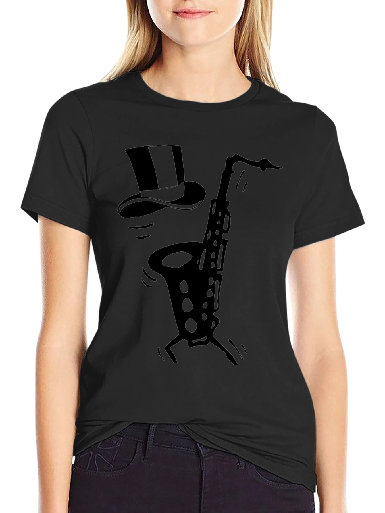 Black Saxophone Top Hat Black Graphic T-Shirt view 2