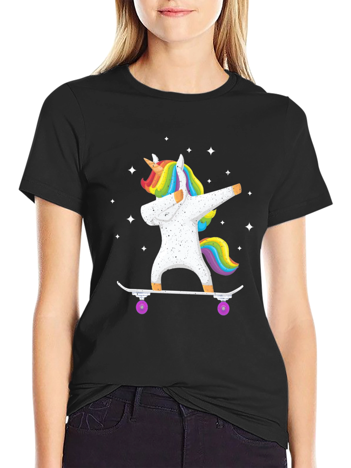 Black Dabbing Unicorn Skateboard T-Shirt - Black view 2