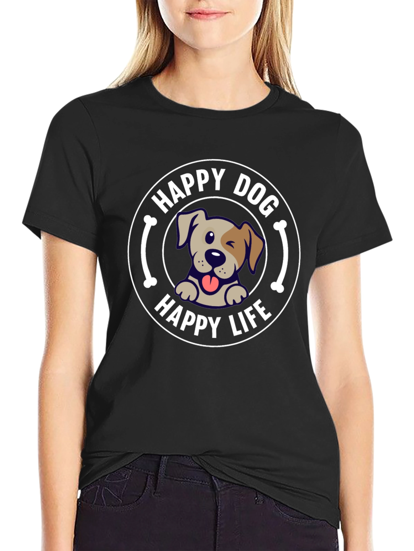 Black Happy Dog Happy Life Graphic T-Shirt view 2