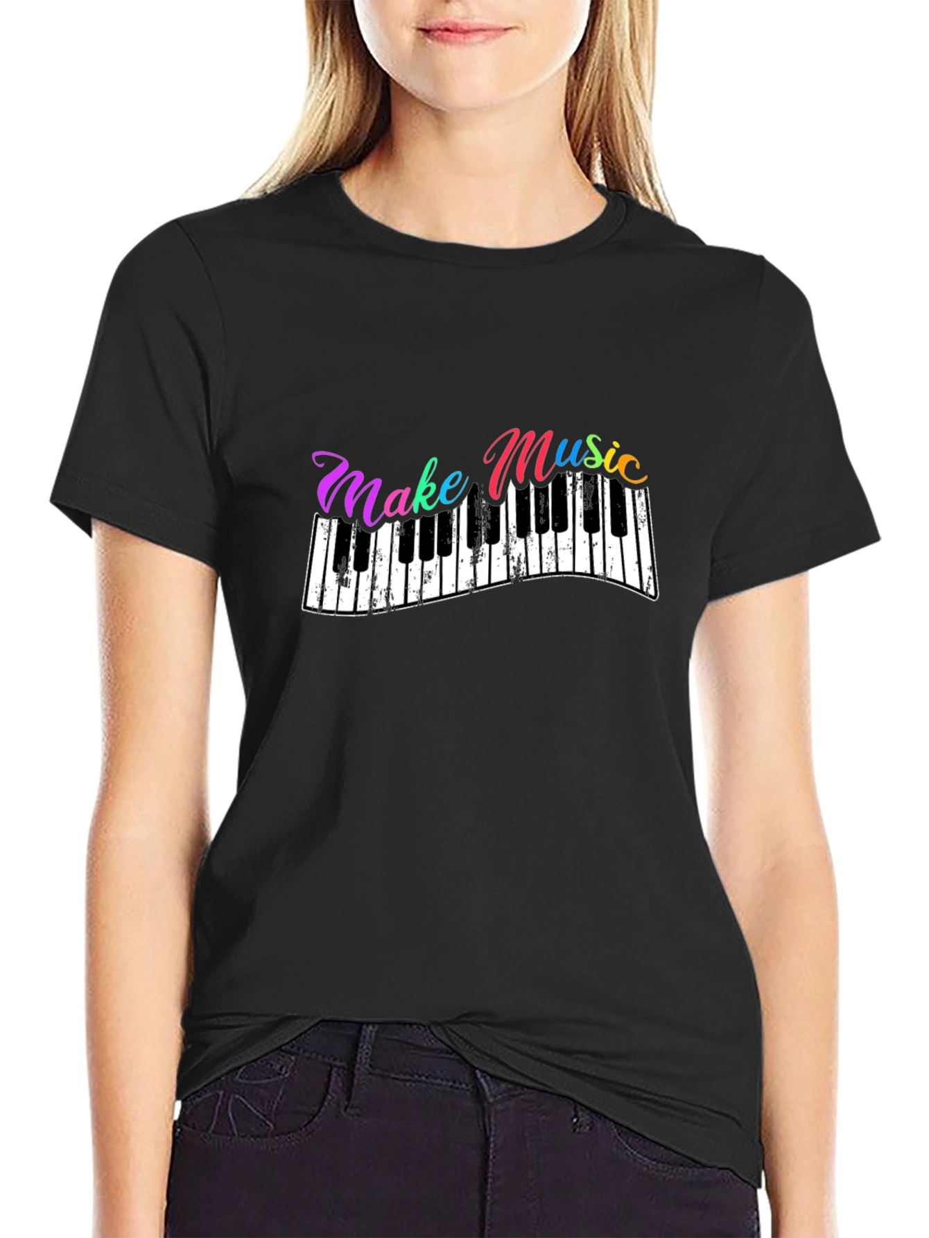 Black Make Music T-Shirt - Piano Keys Design view 2