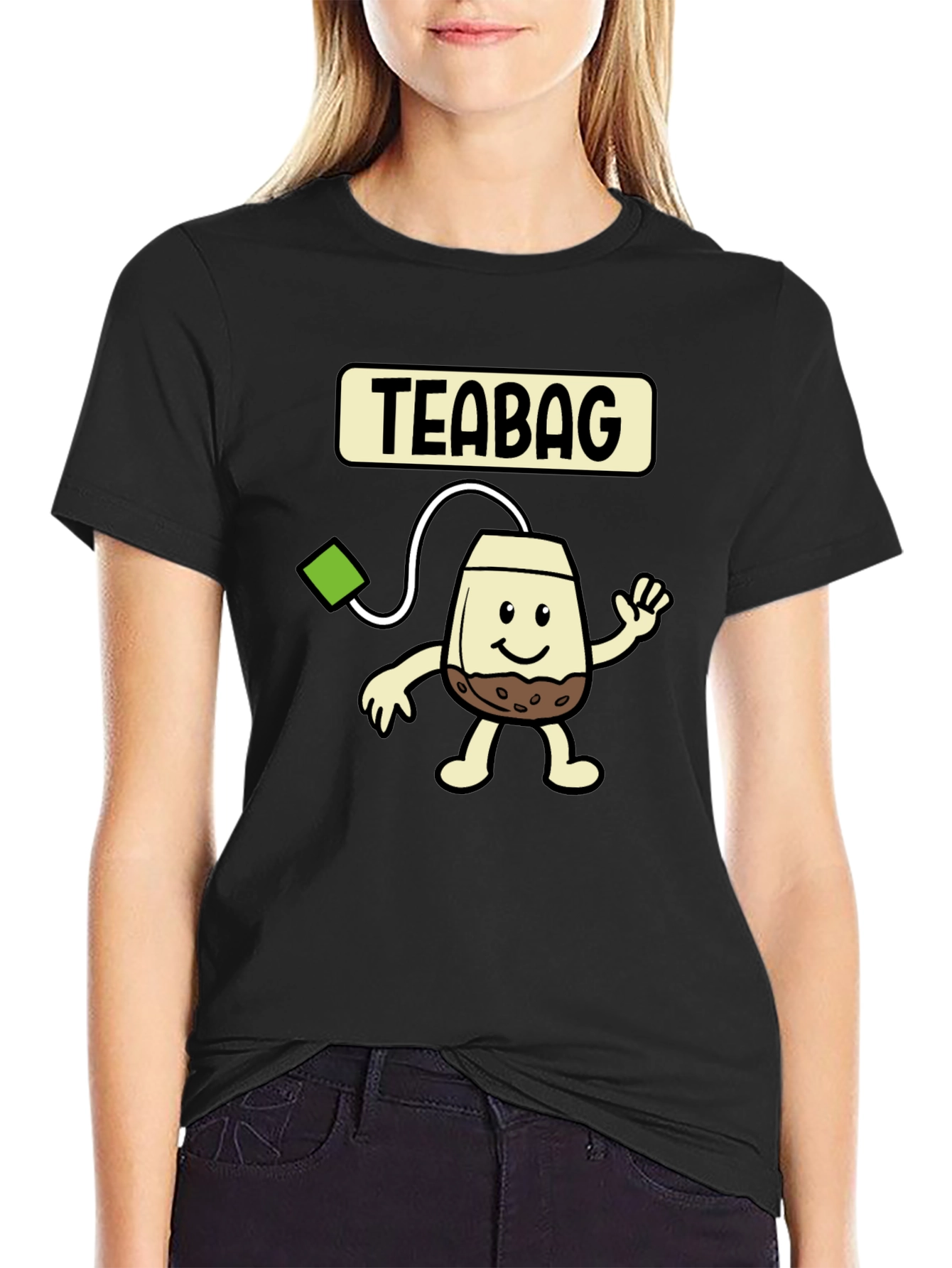 Black Funny Teabag Cartoon Graphic T-Shirt view 2