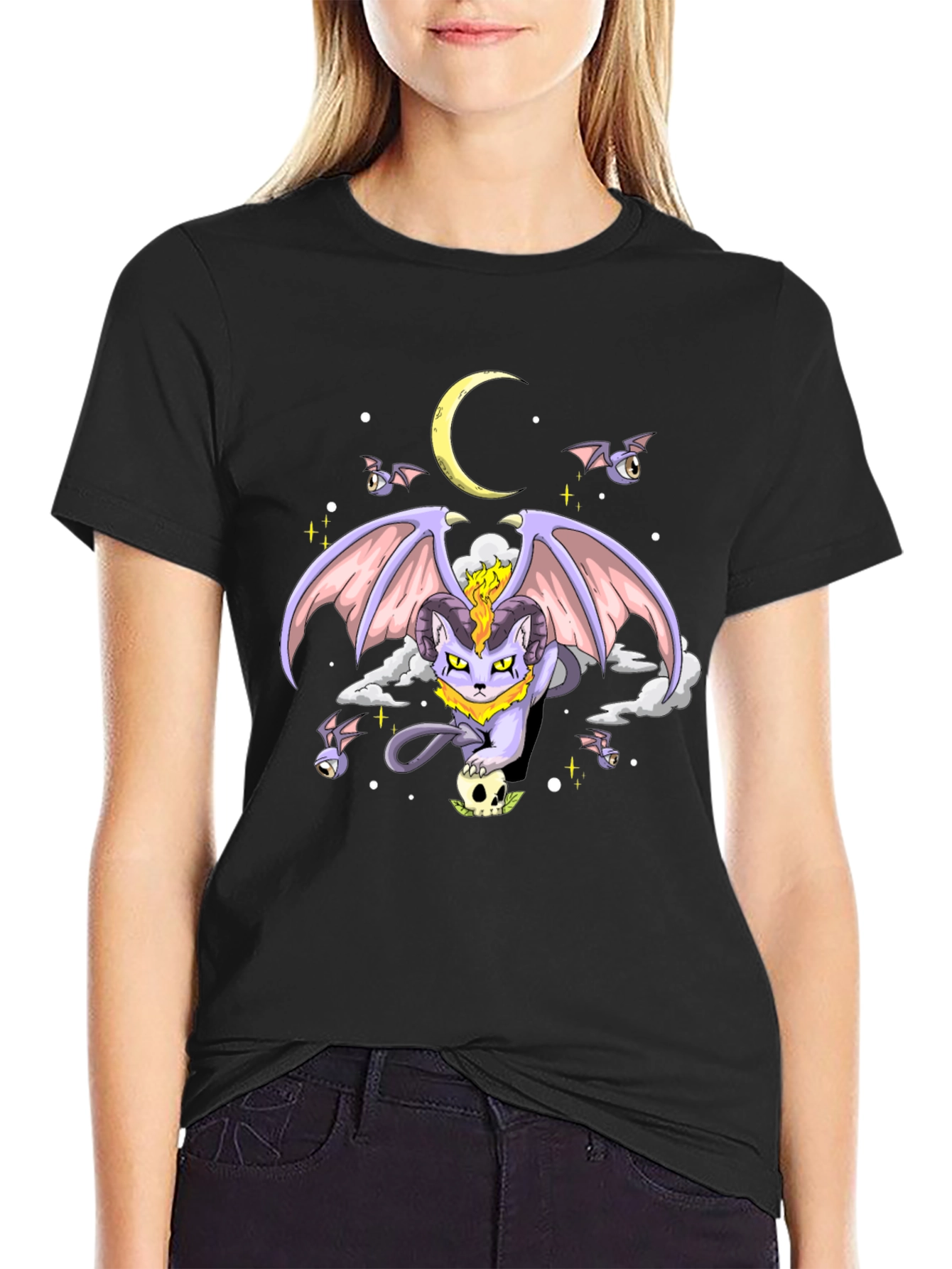 Black Gothic Cat Moon T-Shirt view 2