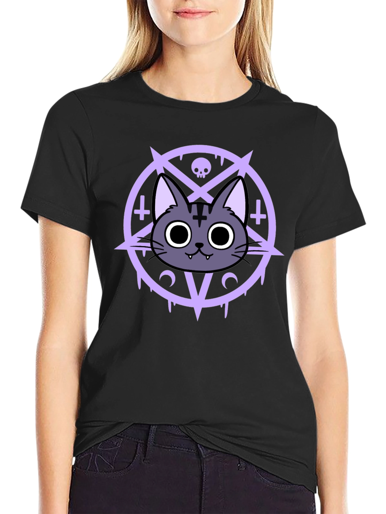 Black Gothic Cat T-Shirt - Occult Pentagram Design view 2