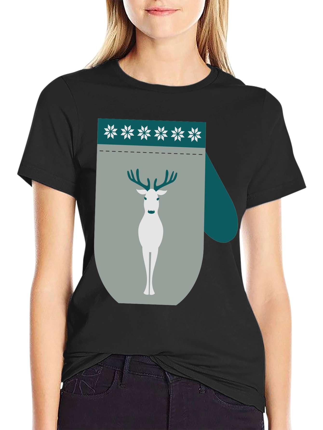 Black Holiday Deer Mitten Graphic Tee view 2