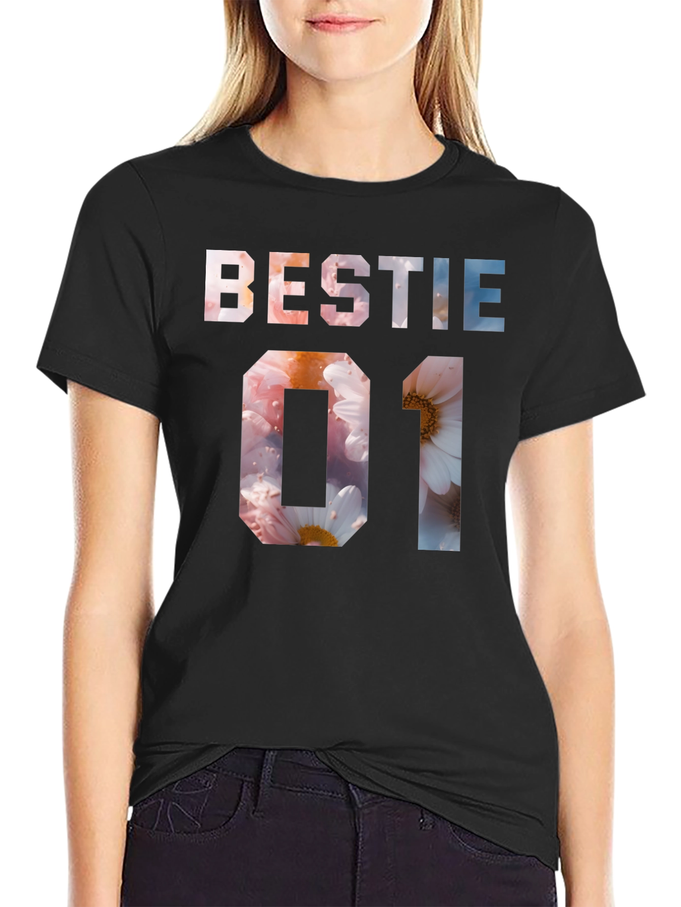 Black Bestie 01 Floral Print Black T-Shirt view 2