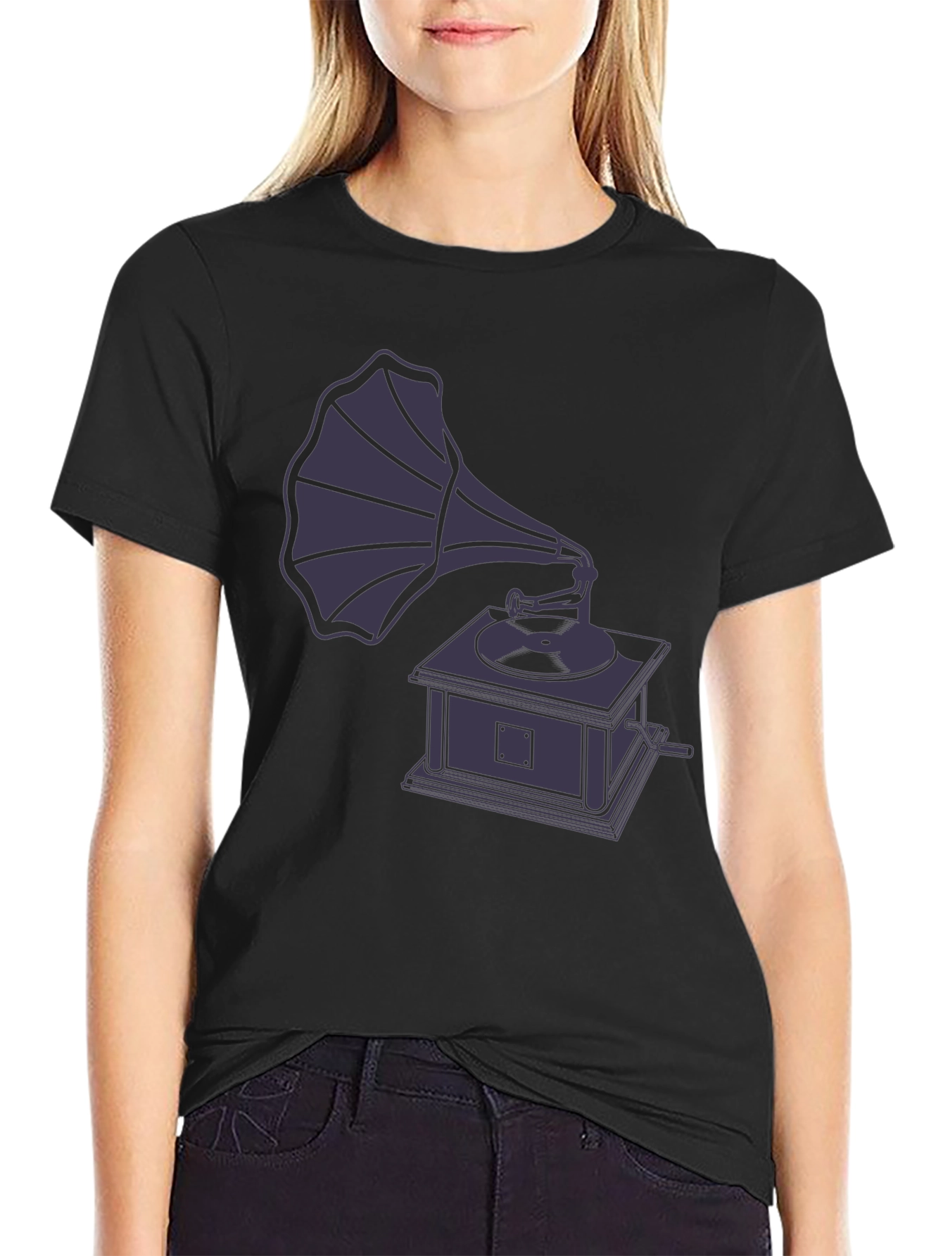 Black Vintage Gramophone Graphic T-Shirt view 2