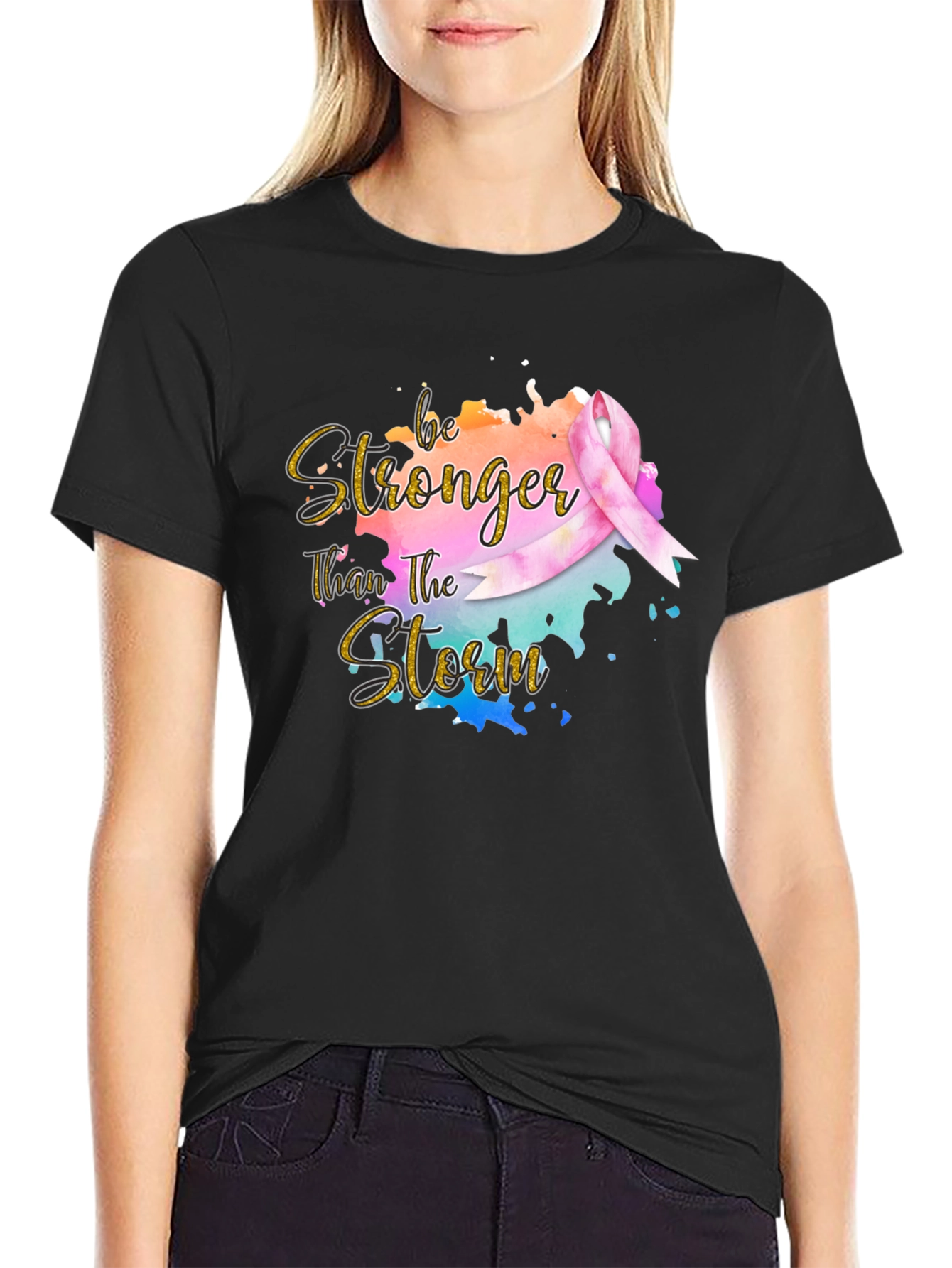 Black Be Stronger Than The Storm Ribbon T-Shirt view 2