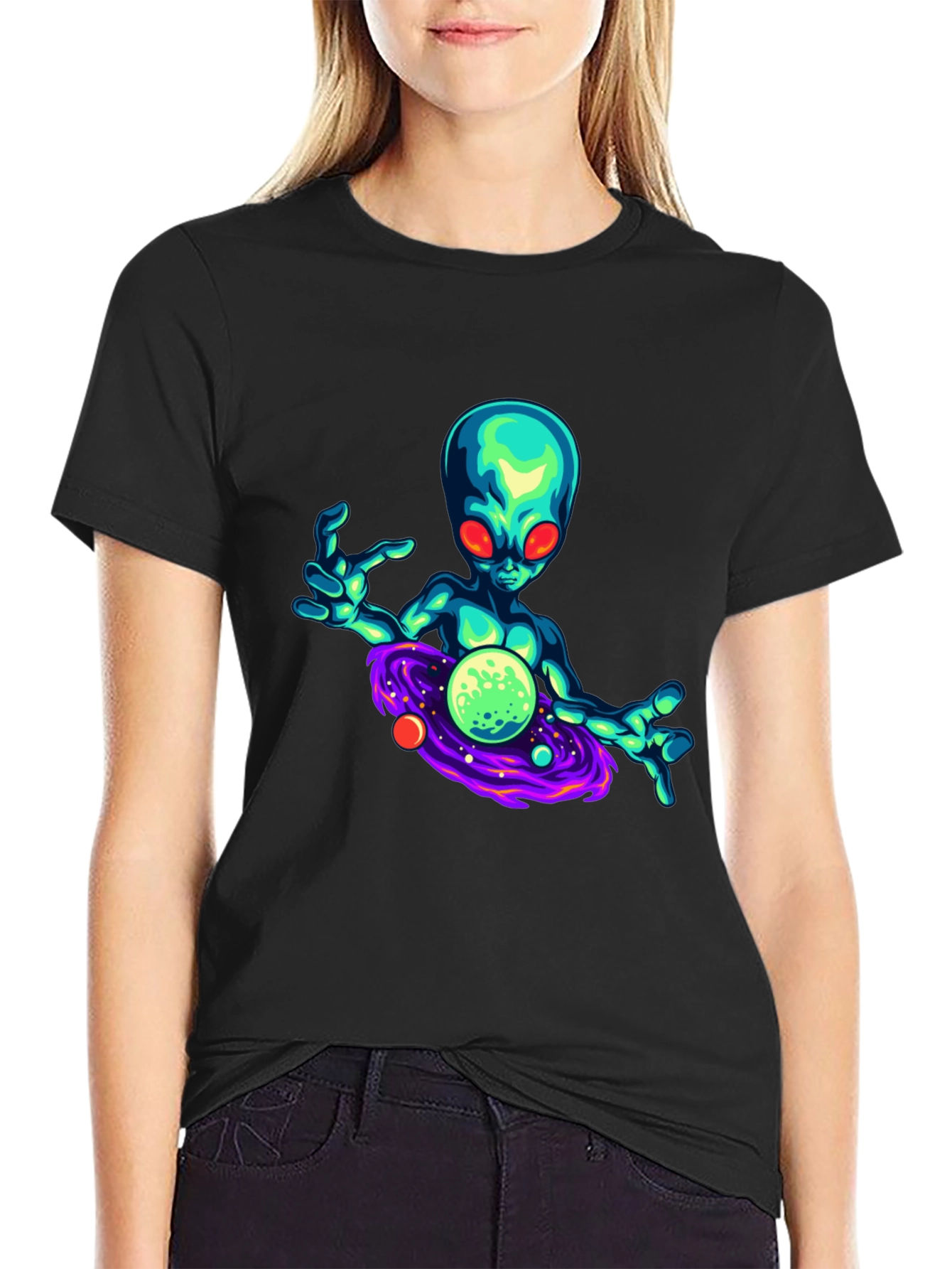 Black Alien Galaxy Graphic T-Shirt - Black view 2