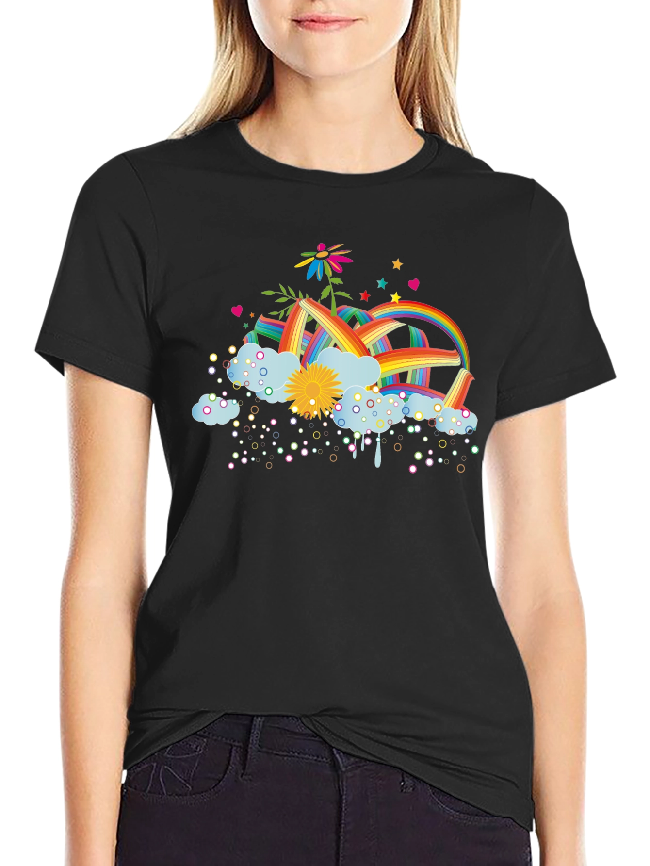 Black Rainbow Flower Graphic Tee - Unisex Black T-Shirt view 2