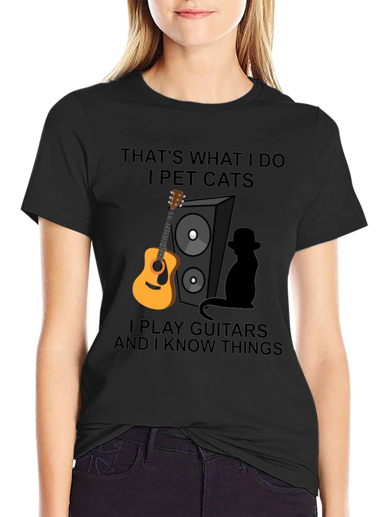 Black That's What I Do Funny Cat & Guitar T-Shirt view 2