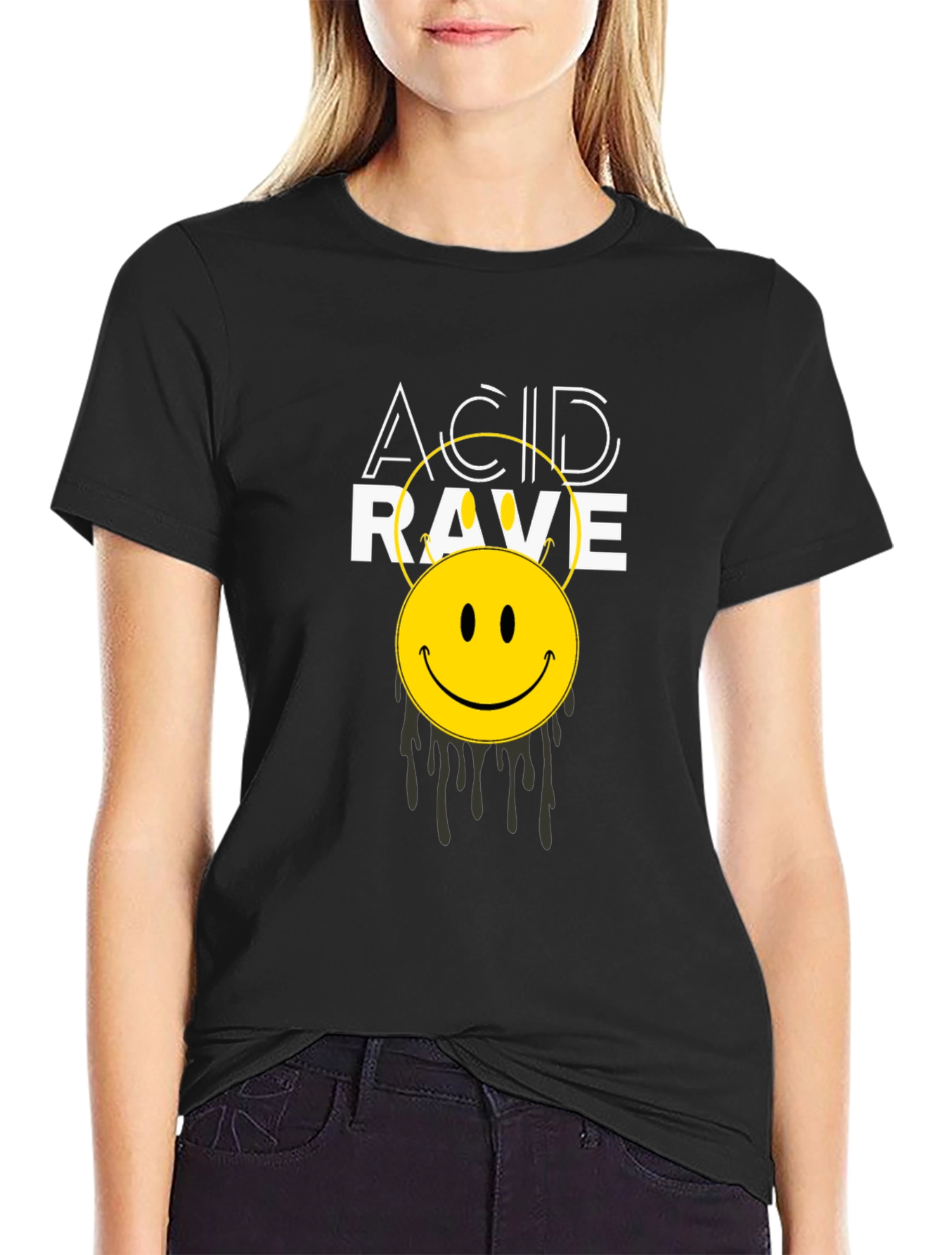 Black Acid Rave Smiley Face Black T-Shirt view 2