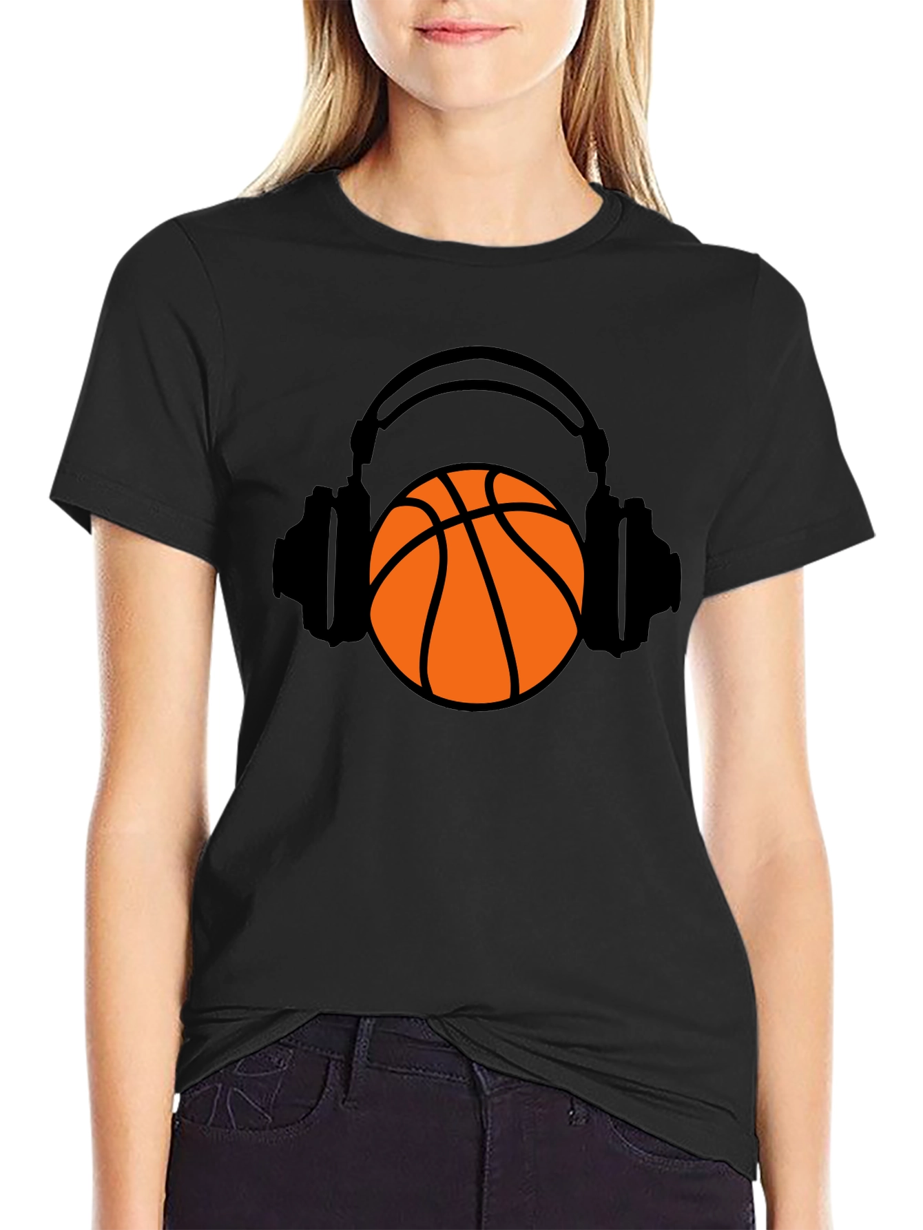 Black Basketball Headphones Graphic T-Shirt view 2