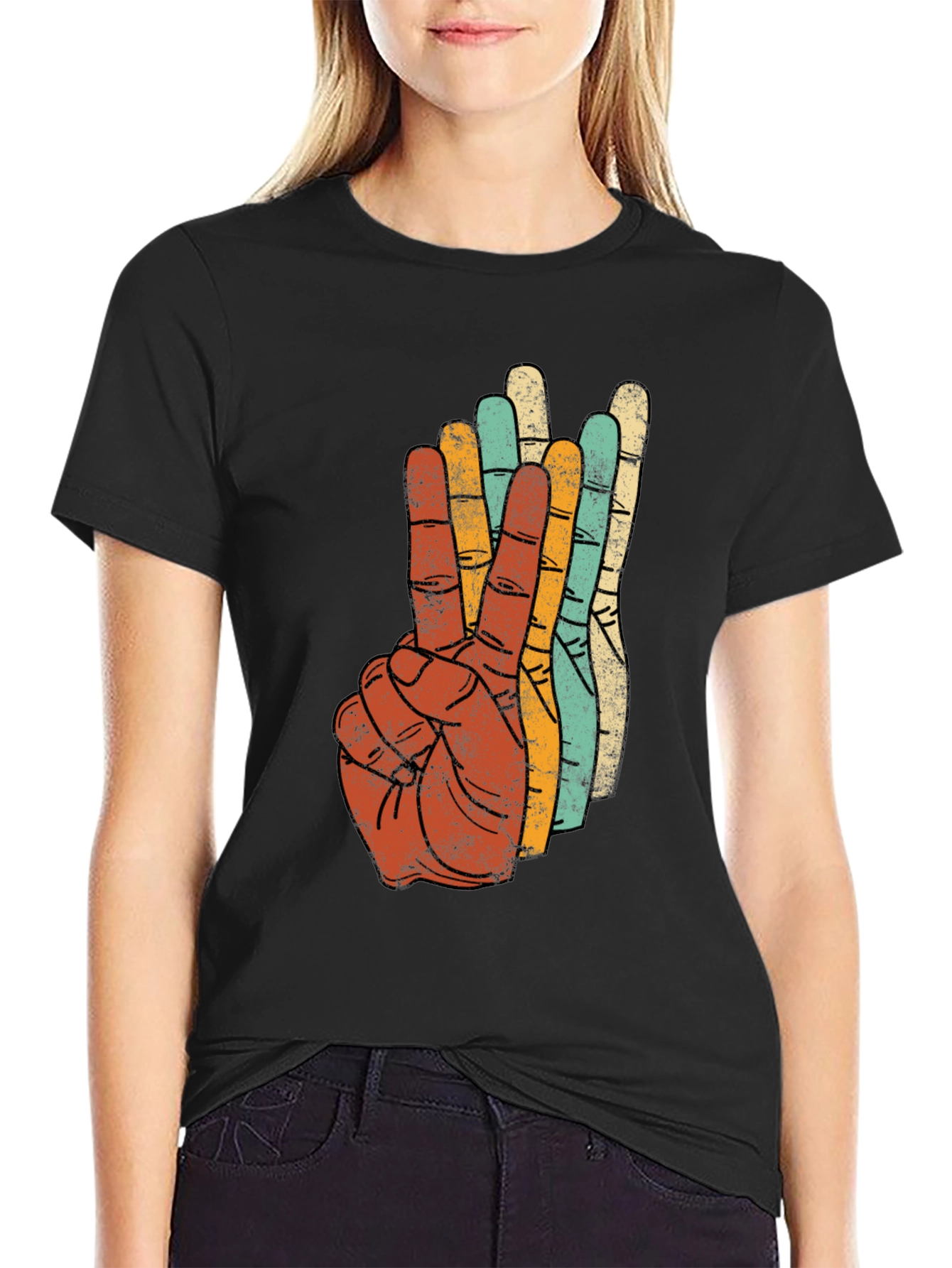 Black Retro Peace Sign Graphic Tee - Vintage Style T-Shirt view 2