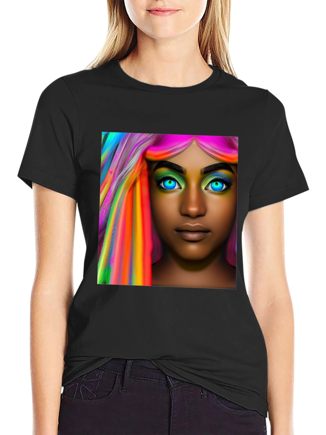 Black Vibrant Hair Portrait T-Shirt - Artistic Style view 2