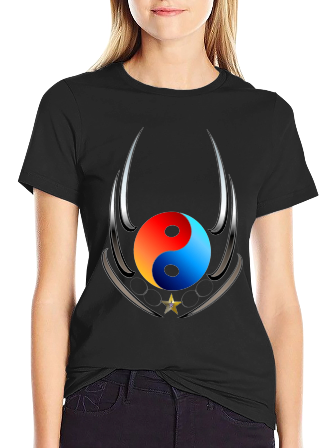 Black Yin Yang Star Graphic Black T-Shirt view 2