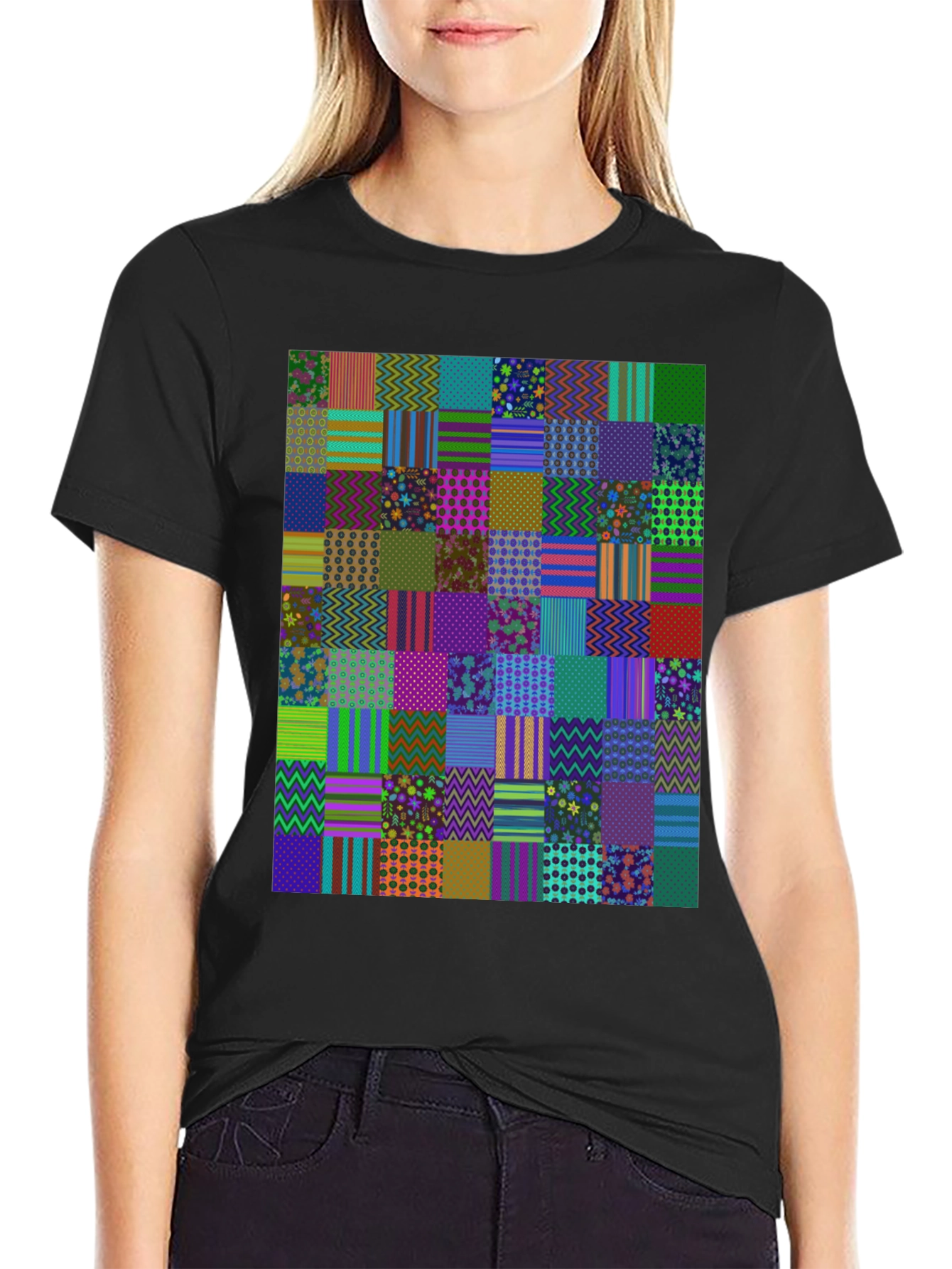 Black Colorful Patchwork Pattern Tee view 2