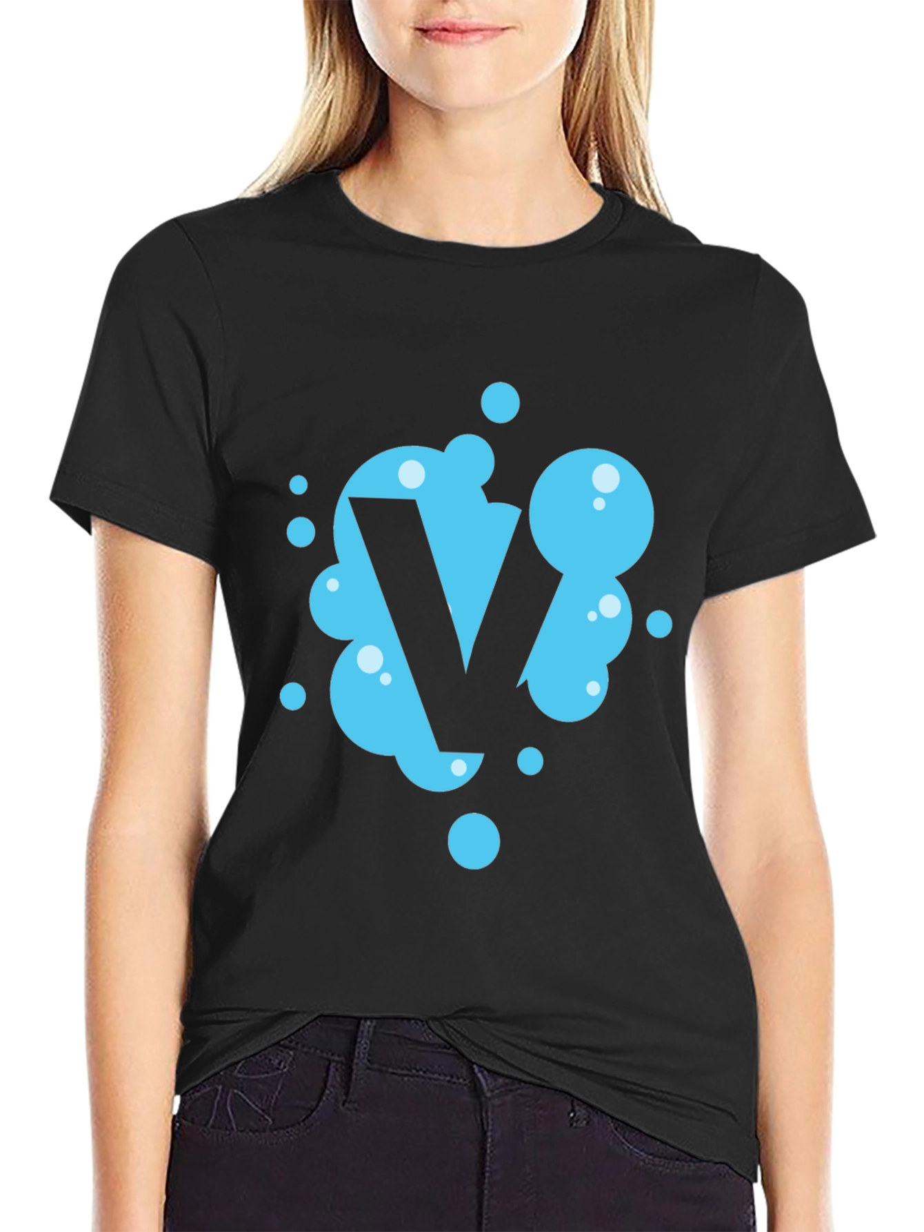Black Cool Blue Bubble Letter V Black T-Shirt view 2