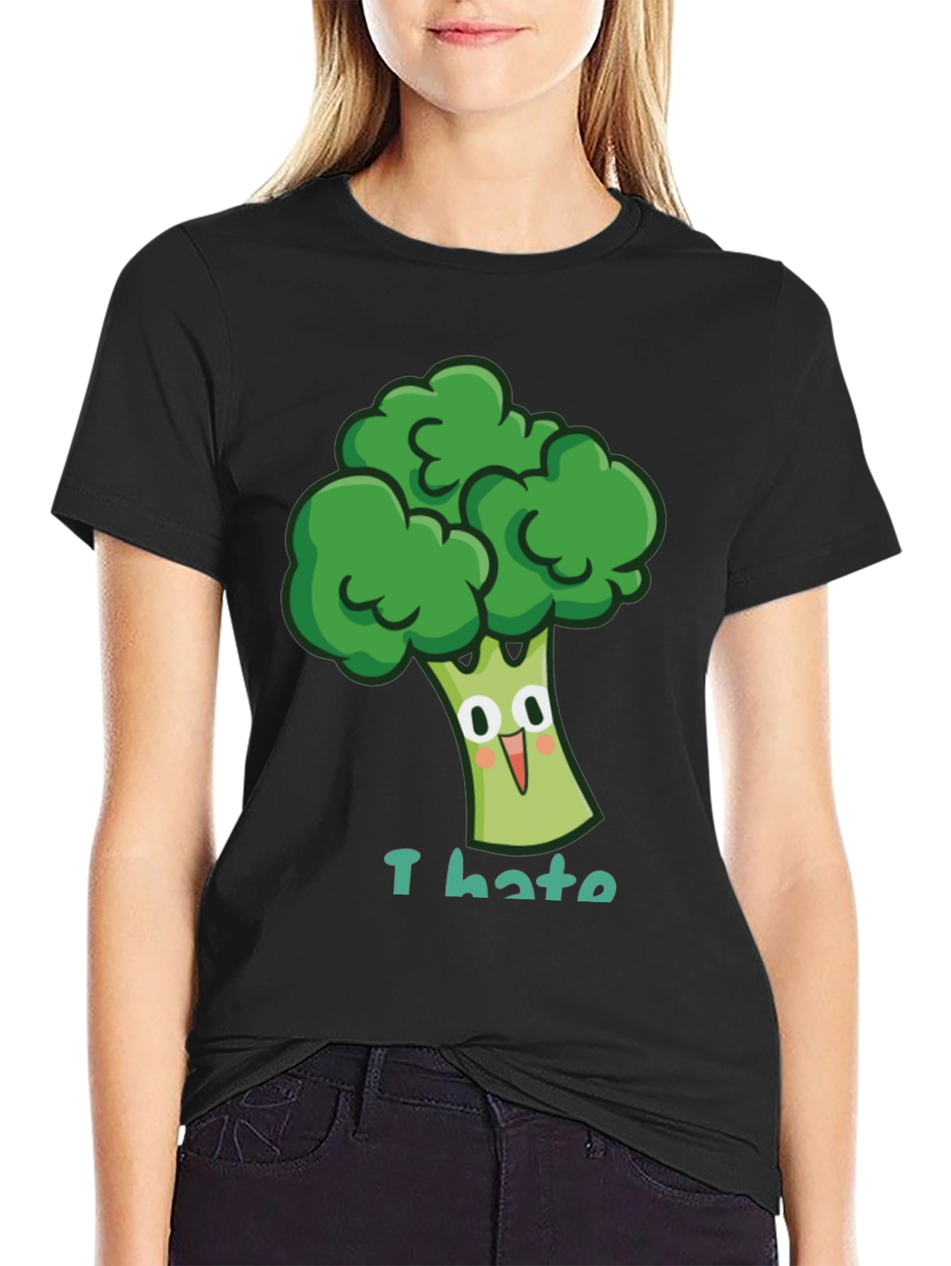 Black I Hate Broccoli T-Shirt - Funny Cartoon Vegetable Tee view 2
